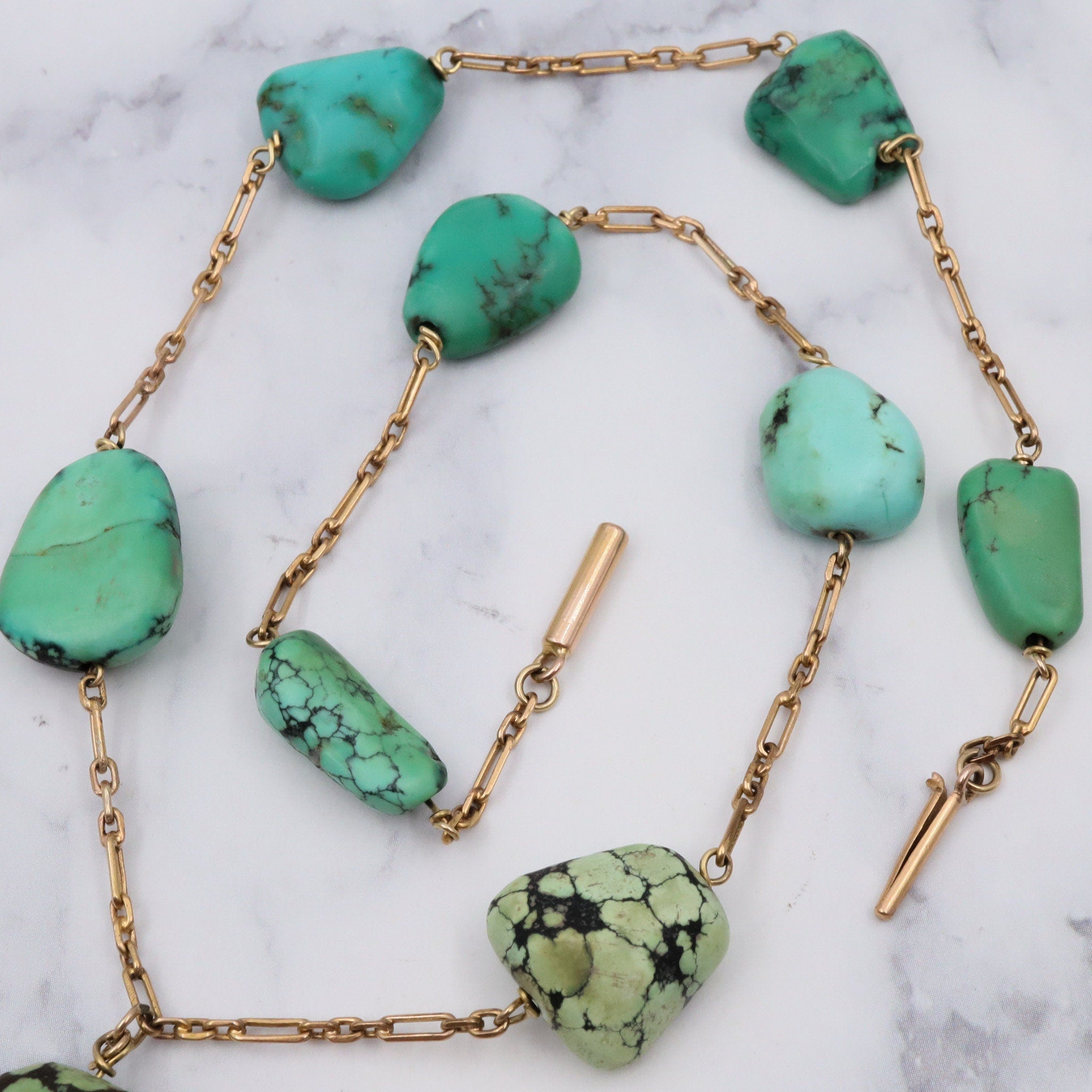Antique Victorian 14k gold & turquoise bead drop necklace, 16"
