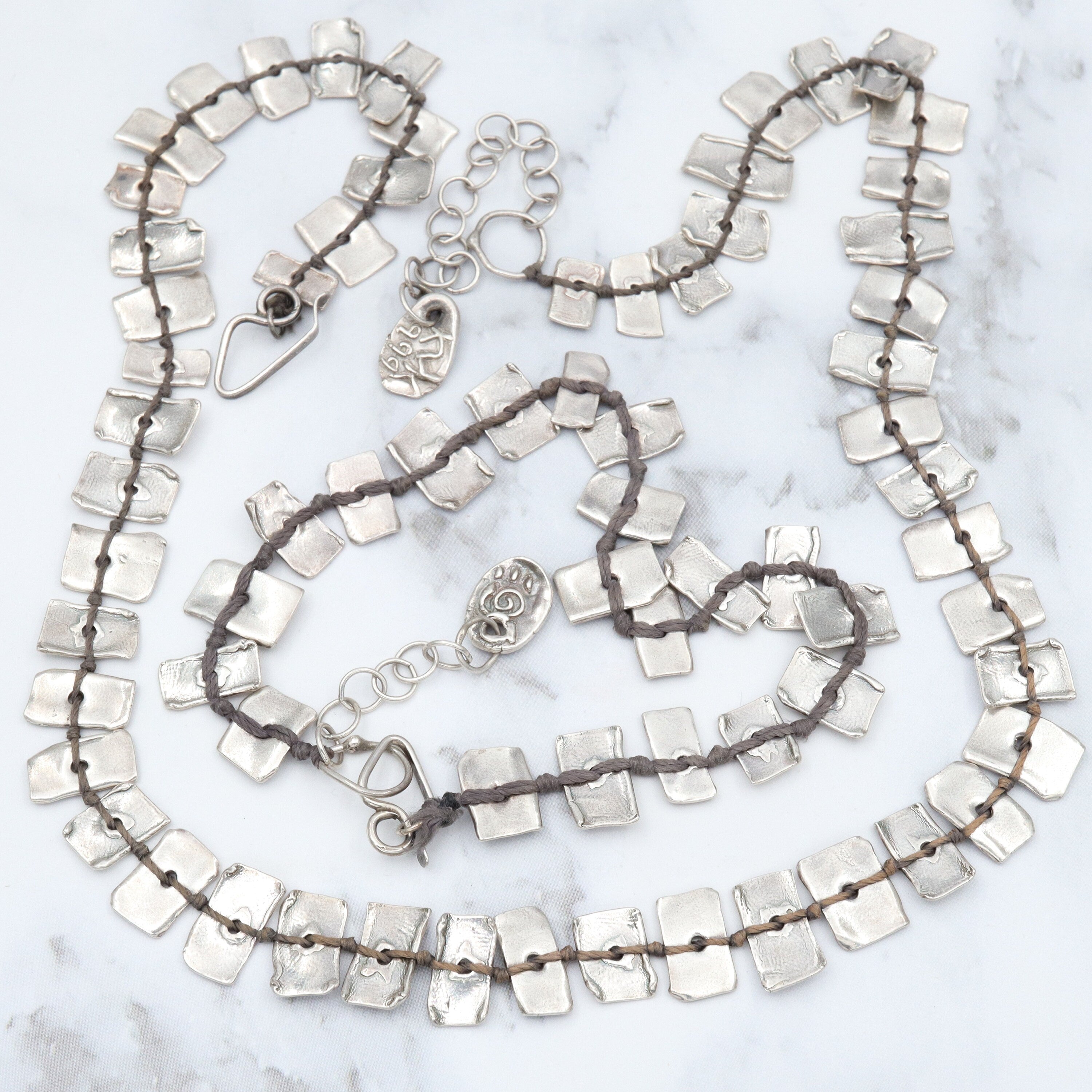 Vintage handmade KVK .999 fine silver on black thread panel bead necklace & bracelet set