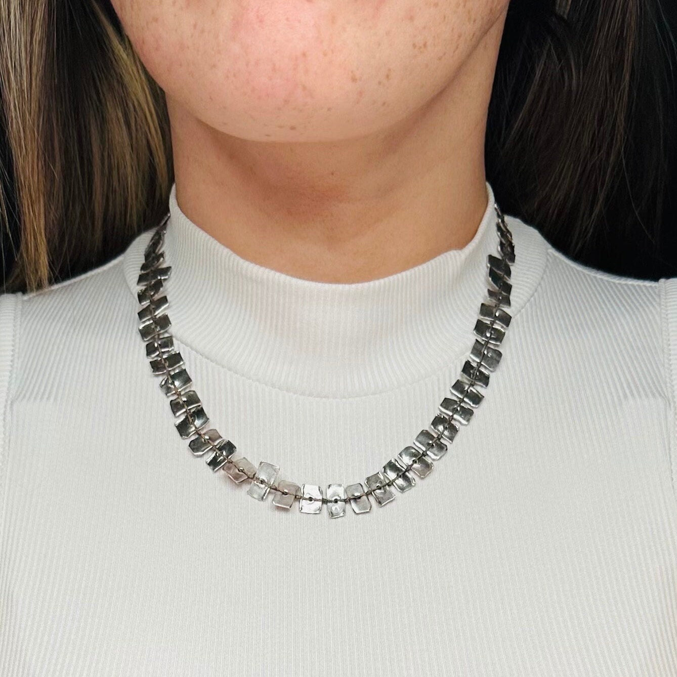 Vintage handmade KVK .999 fine silver on black thread panel bead necklace & bracelet set