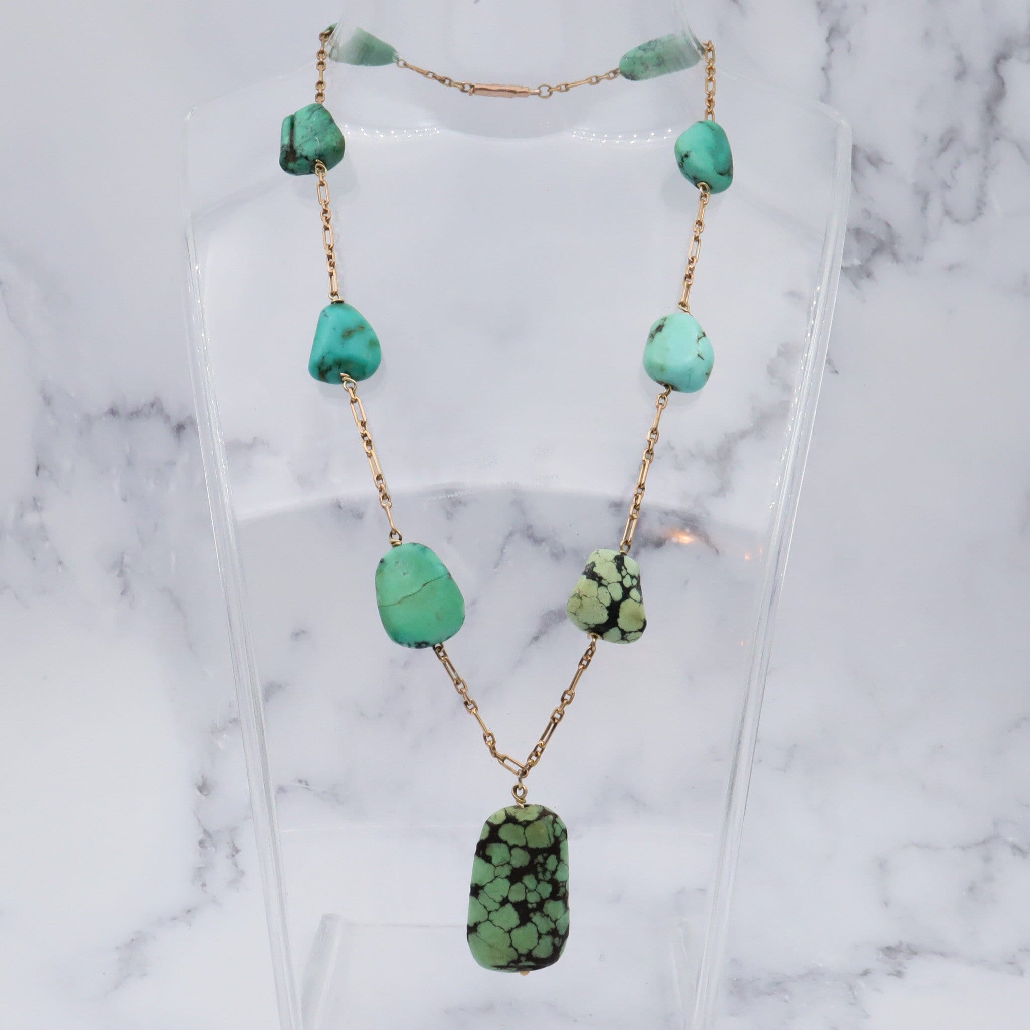 Antique Victorian 14k gold & turquoise bead drop necklace, 16"