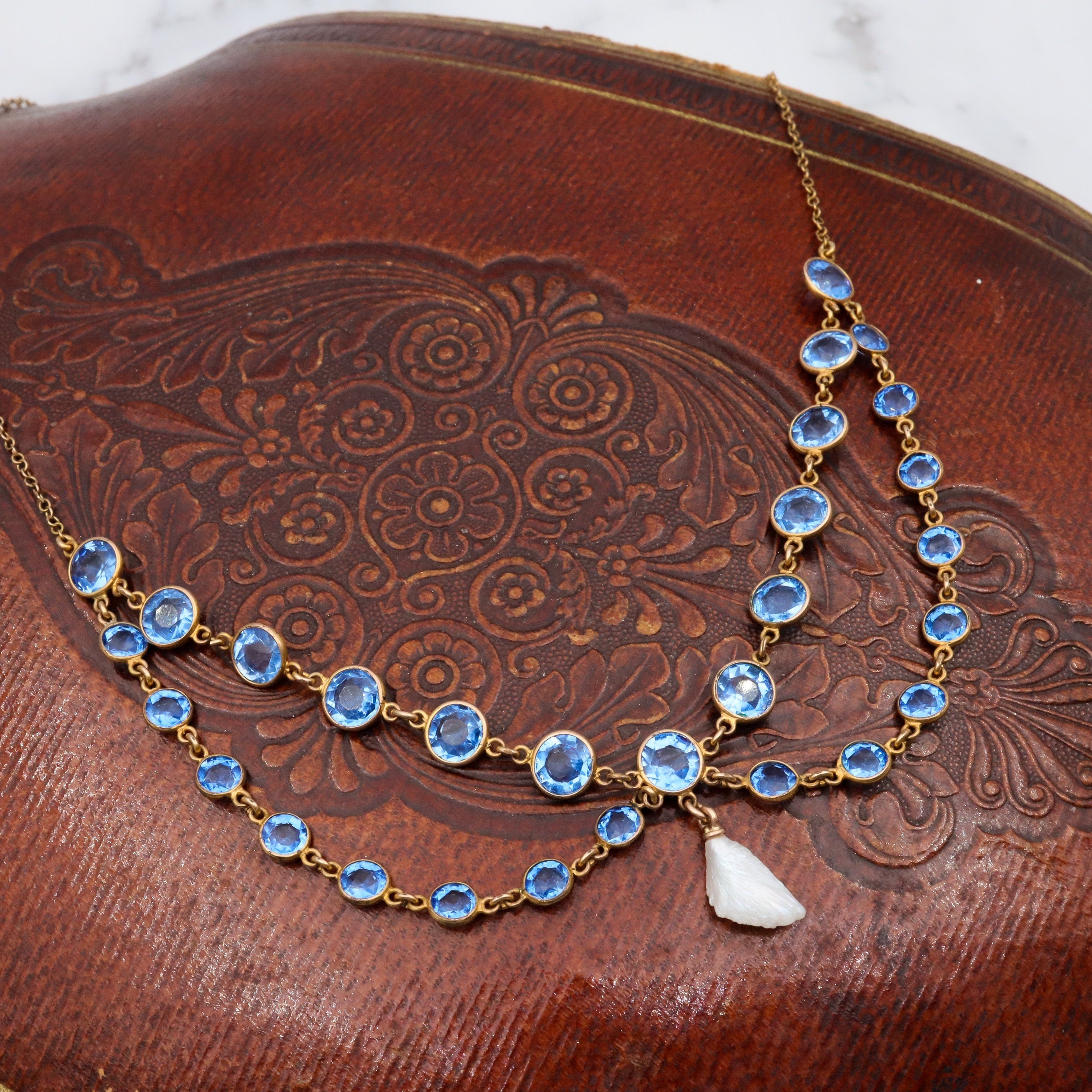 Antique gold filled blue pastel & dogtooth pearl festoon 16.5”