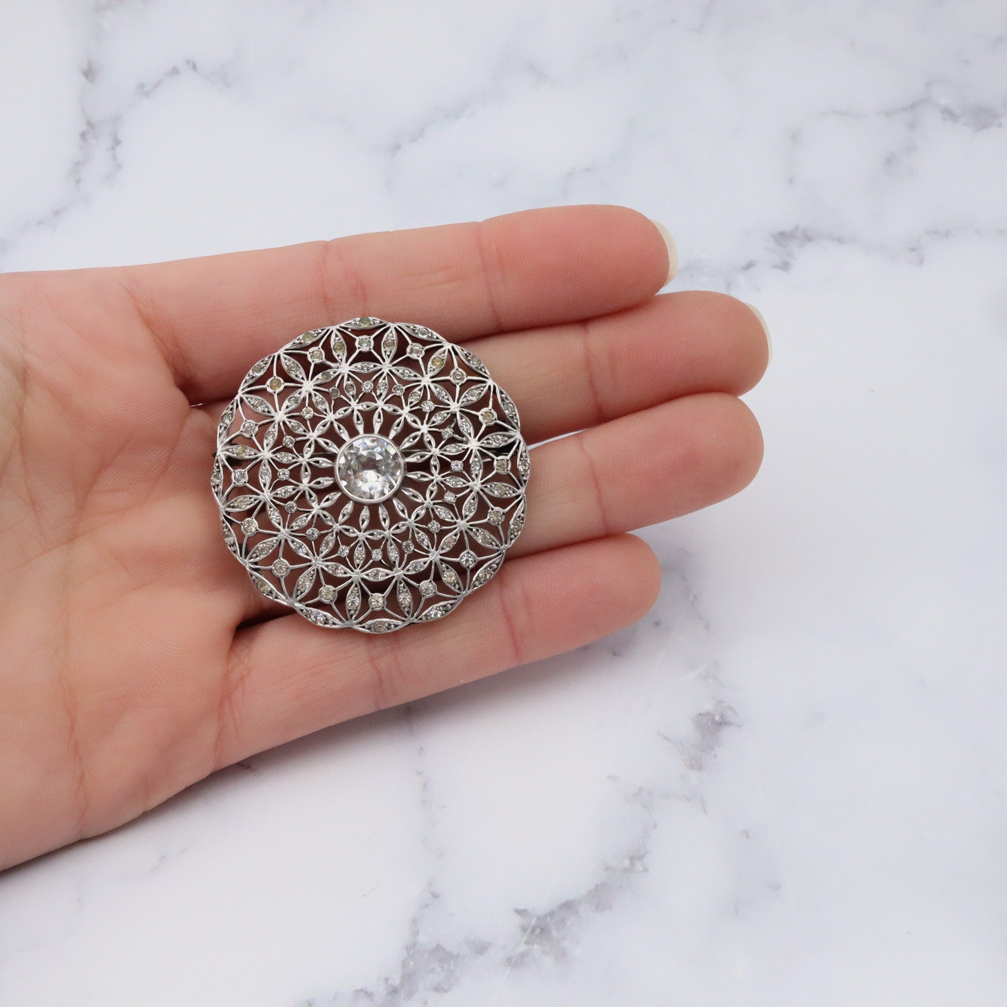 Antique French Art Deco .900 silver & paste filigree circle brooch by Andre Godefroy