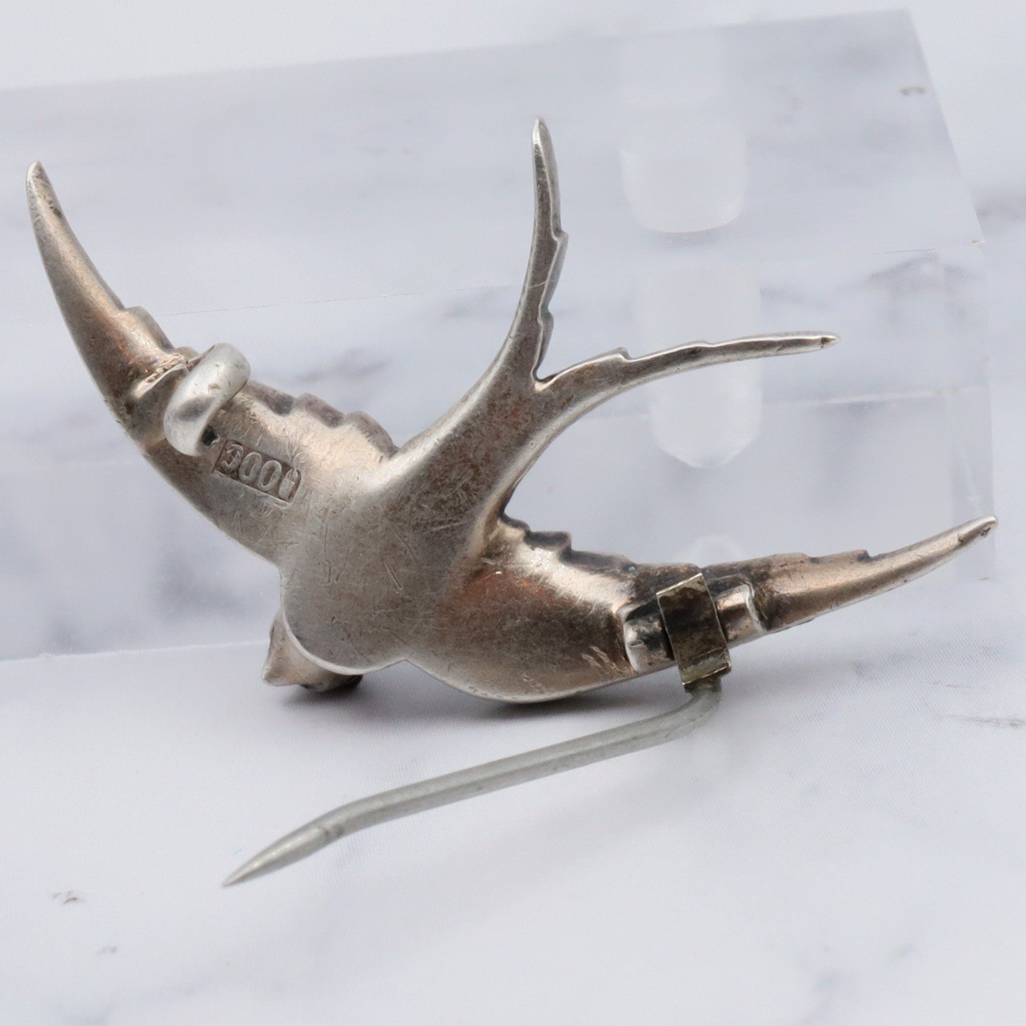 Antique Victorian .900 European handmade silver & paste gems swallow bird pin with ruby glass eyes