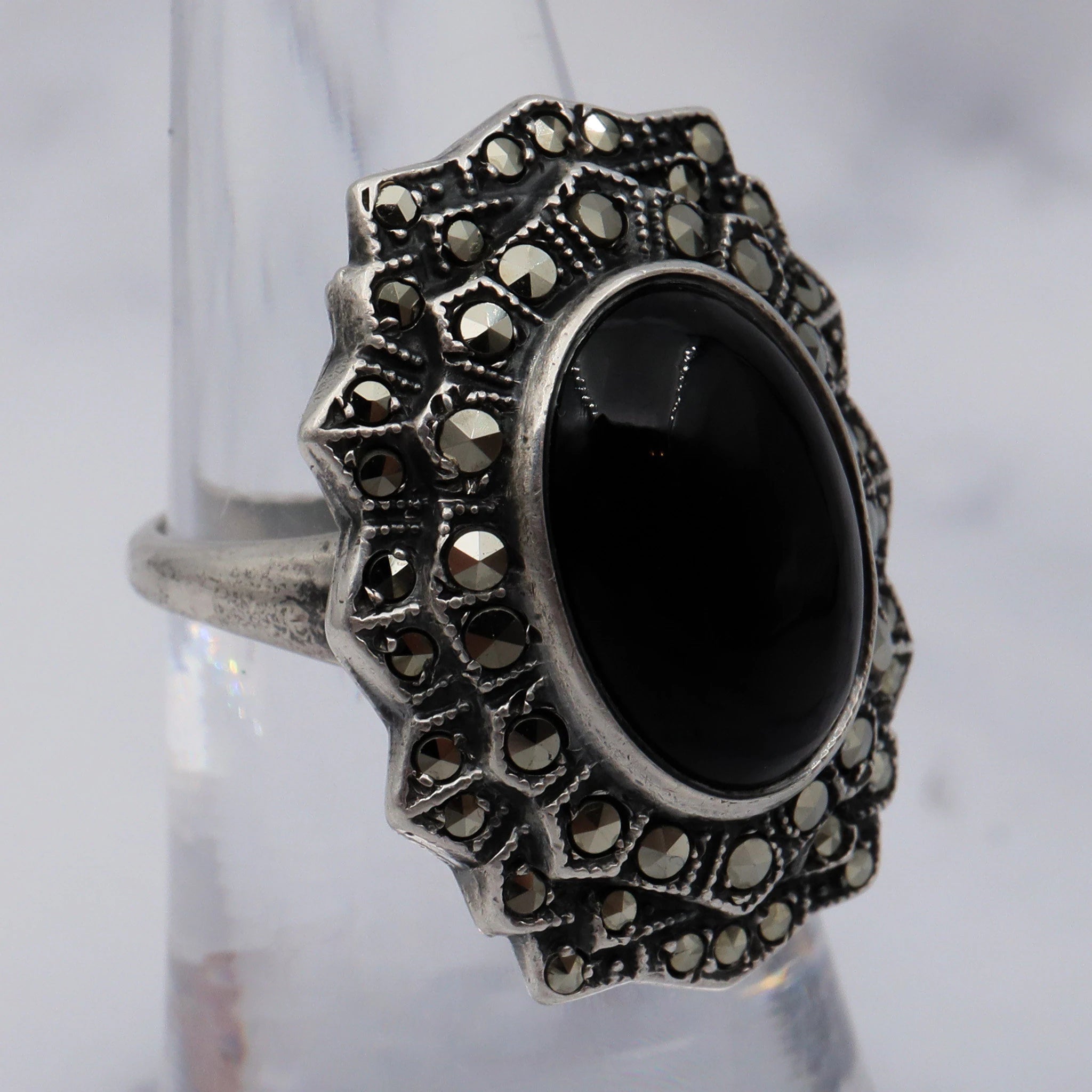 Antique Art Deco Uncas sterling, black glass stone & marcasite ring, sz 5.5