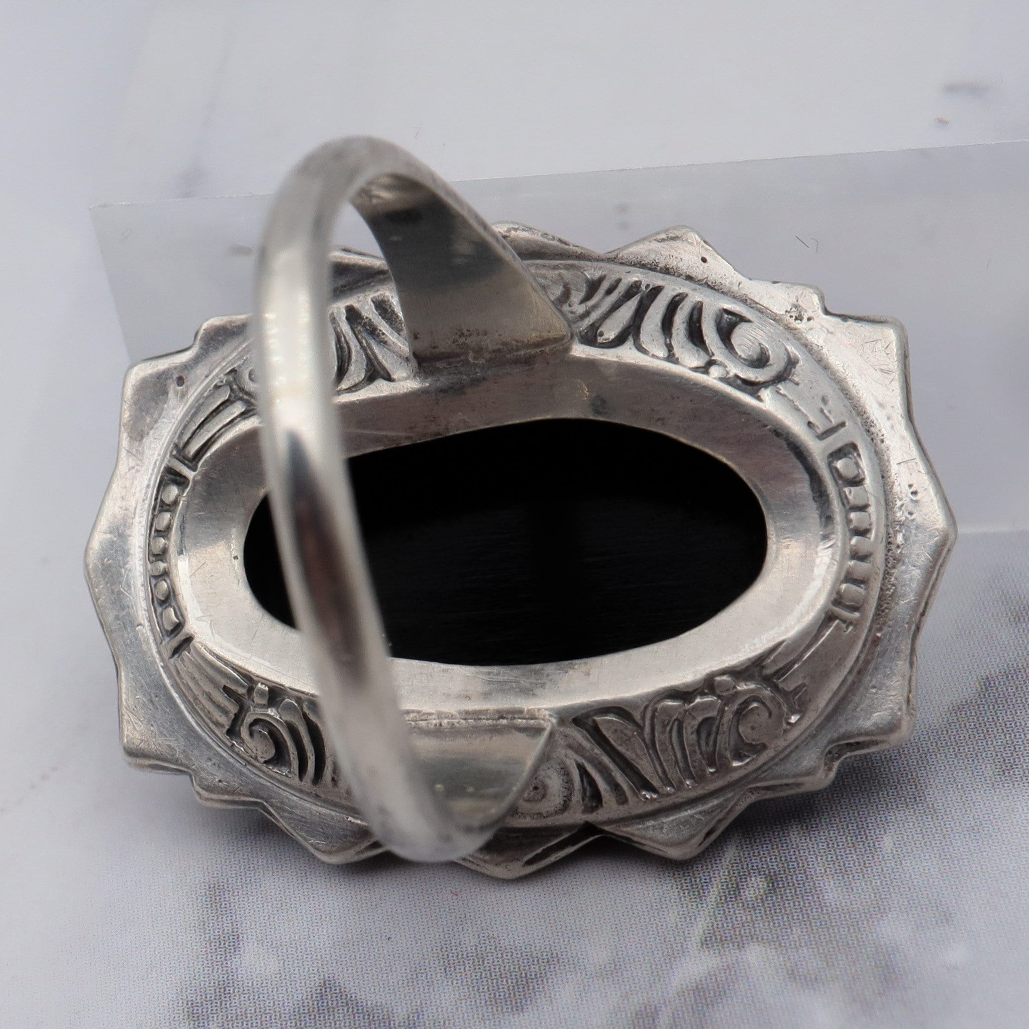 Antique Art Deco Uncas sterling, black glass stone & marcasite ring, sz 5.5