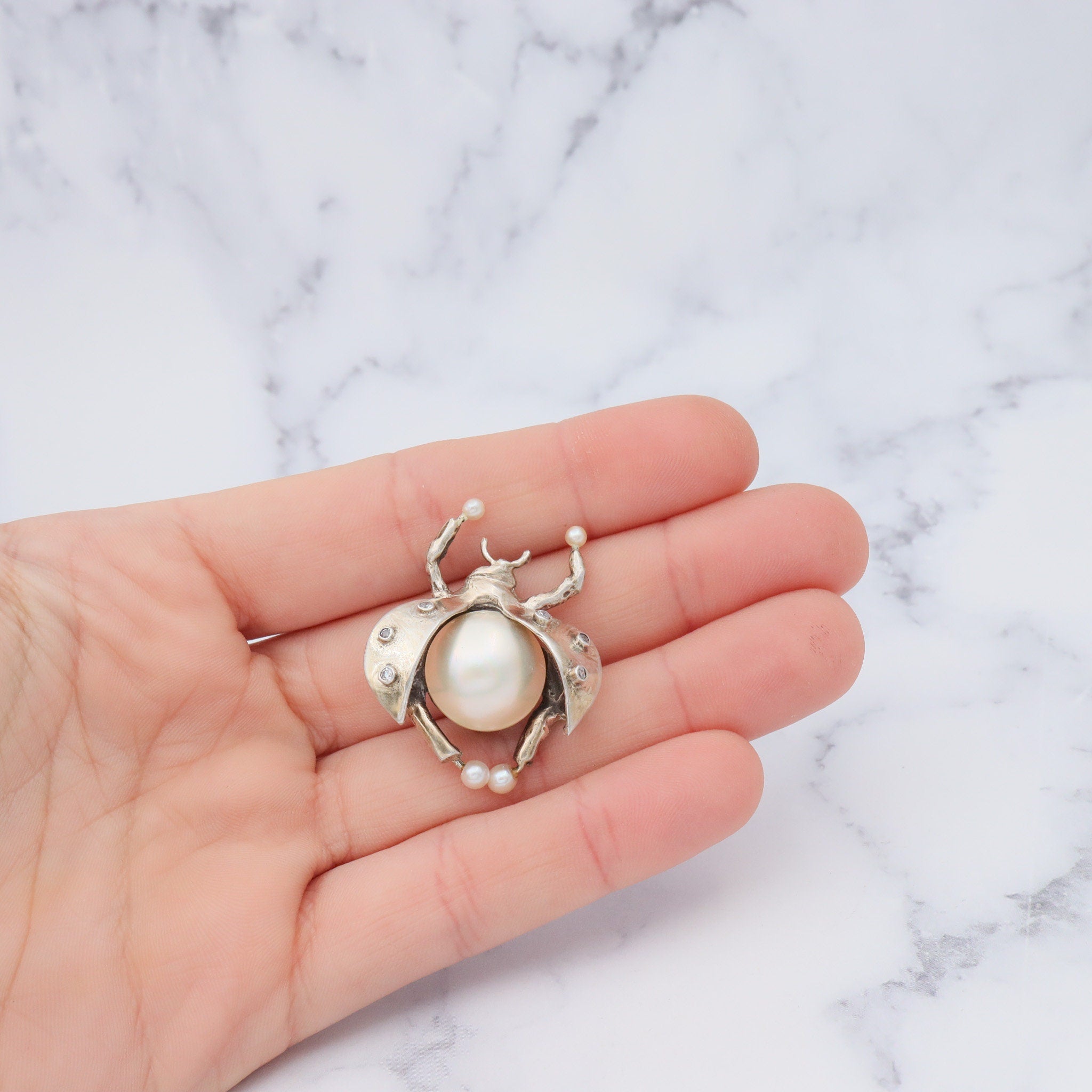 Vintage handmade gilt sterling brooch with mabe pearl & cubic zirconia