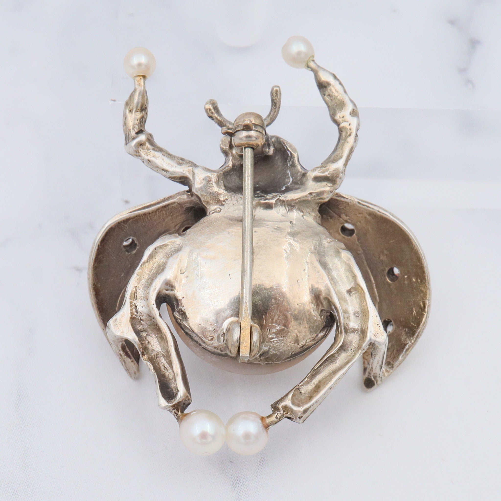 Vintage handmade gilt sterling brooch with mabe pearl & cubic zirconia