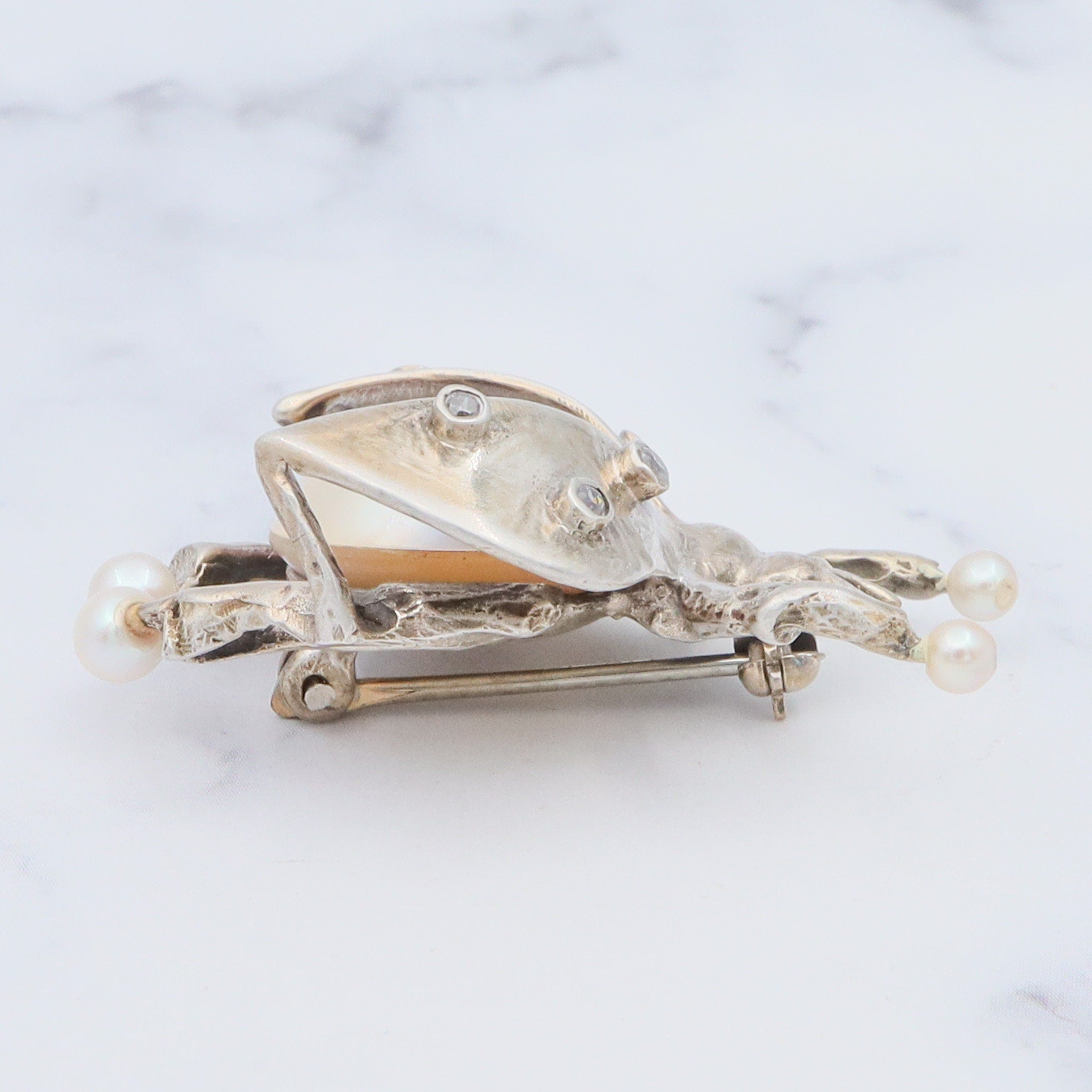 Vintage handmade gilt sterling brooch with mabe pearl & cubic zirconia
