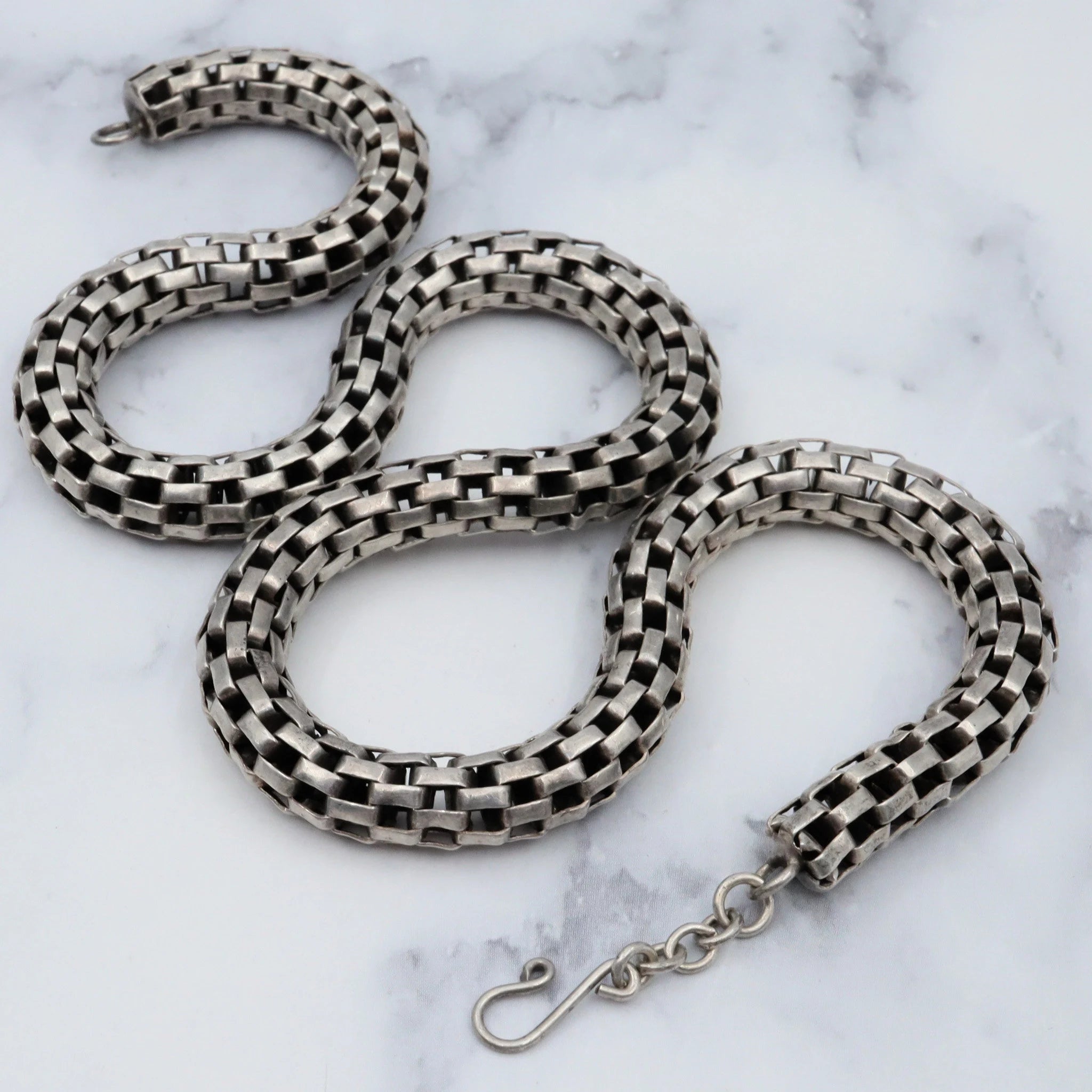 Antique handmade sterling mesh link 7mm tube chain necklace, 17”