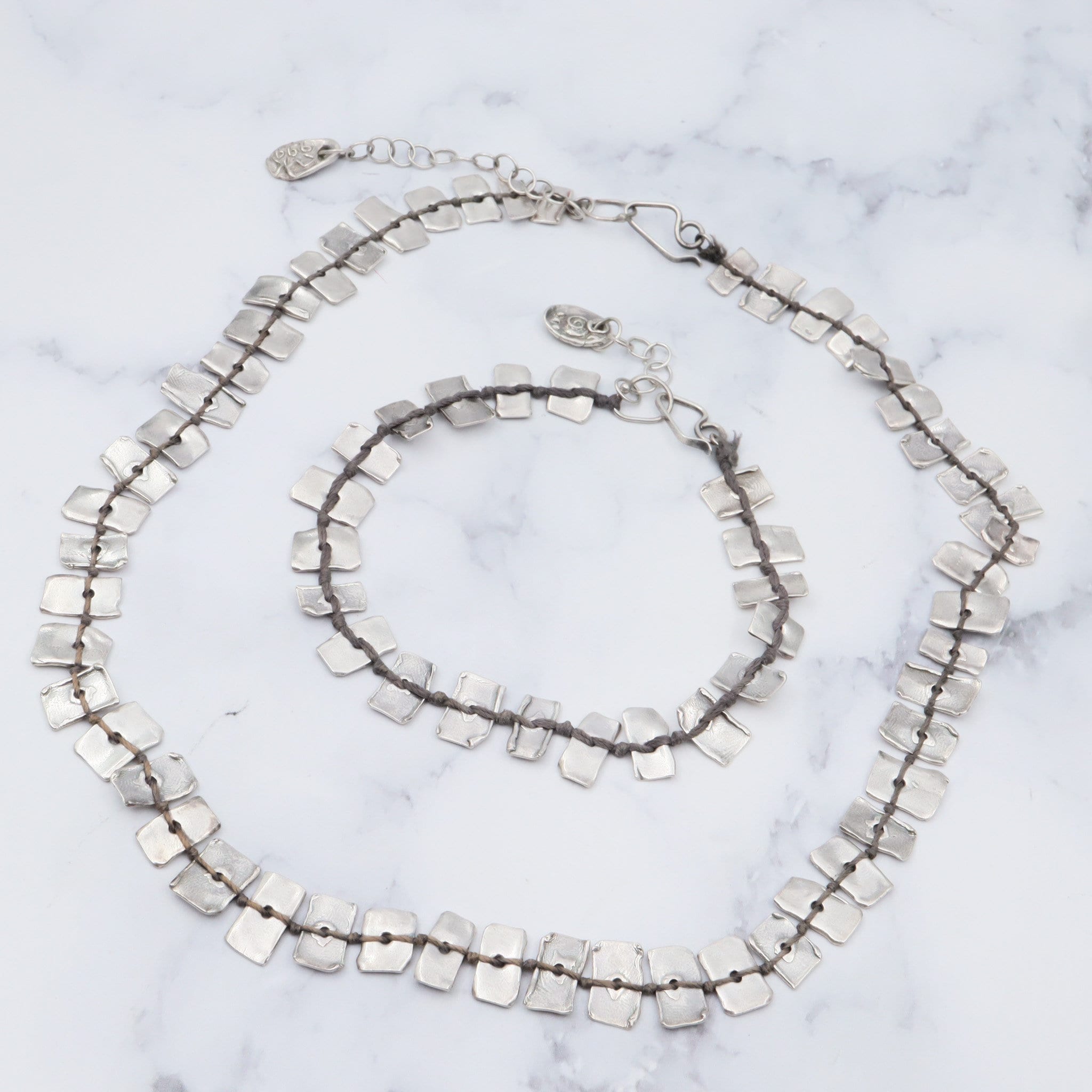 Vintage handmade KVK .999 fine silver on black thread panel bead necklace & bracelet set