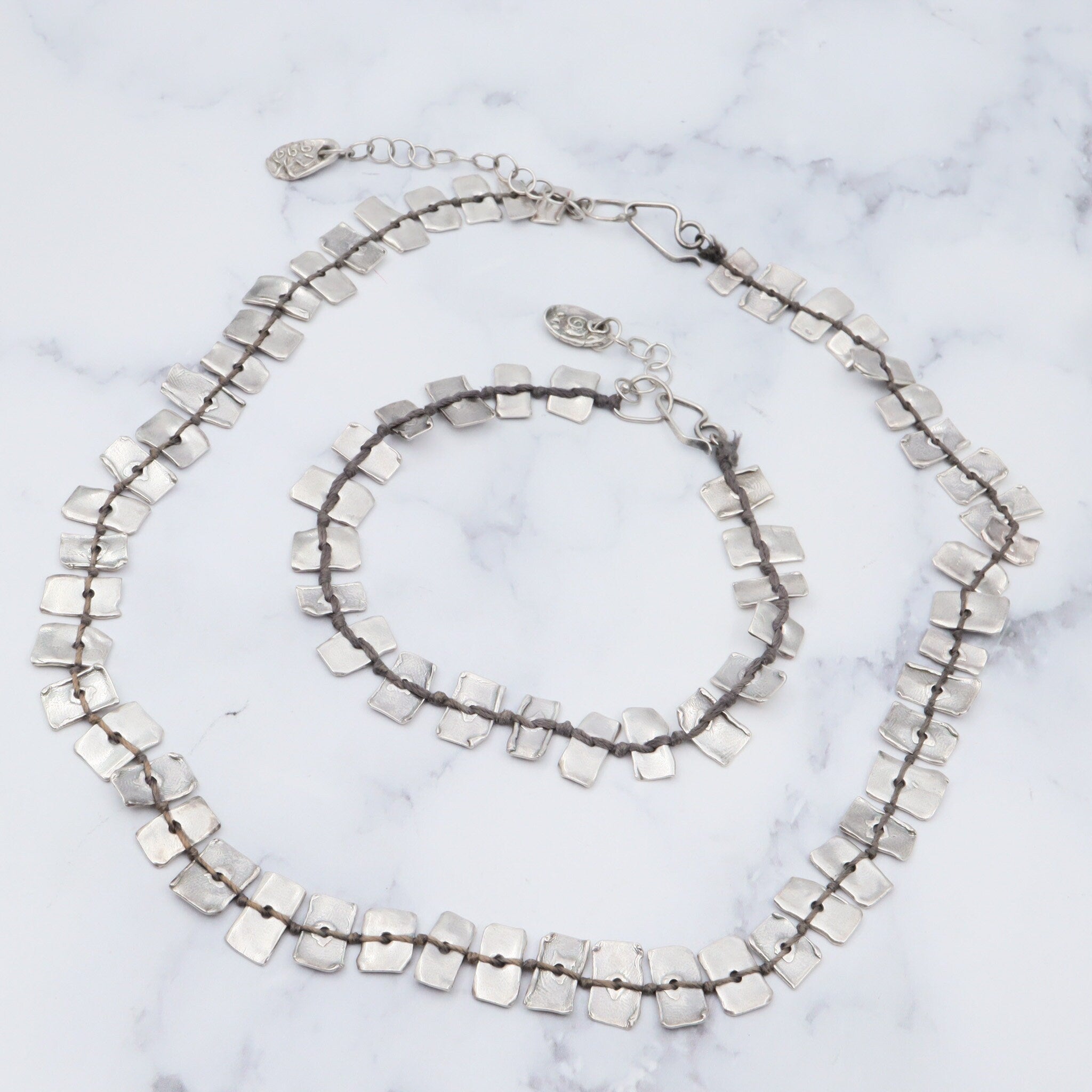 Vintage handmade KVK .999 fine silver on black thread panel bead necklace & bracelet set