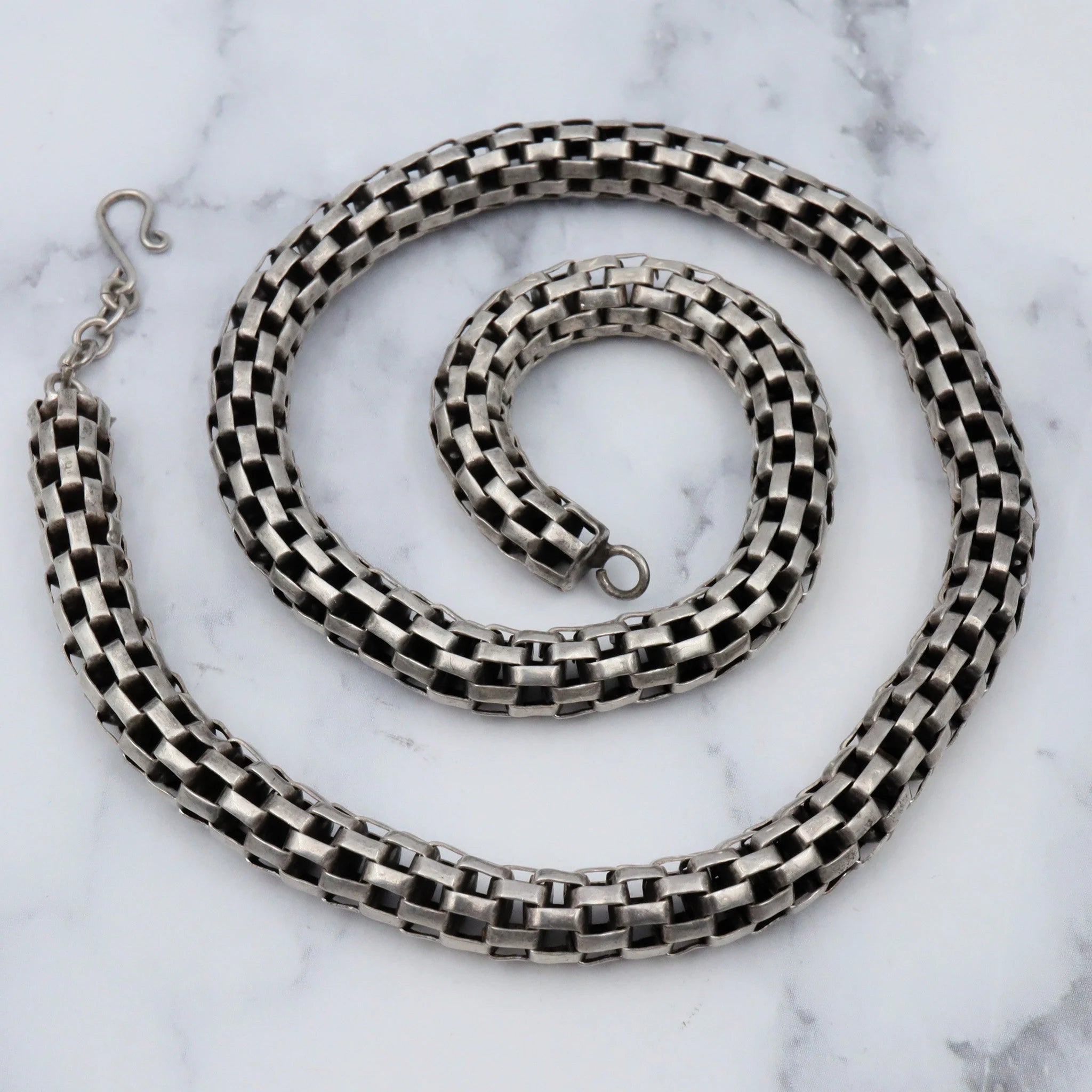 Antique handmade sterling mesh link 7mm tube chain necklace, 17”
