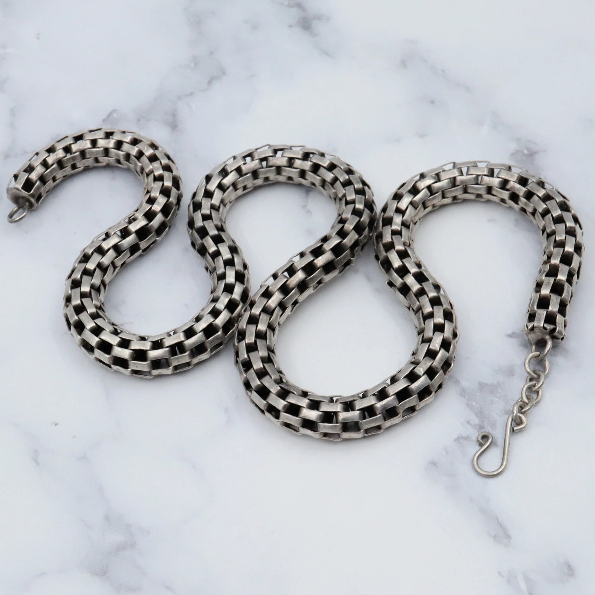 Antique handmade sterling mesh link 7mm tube chain necklace, 17”