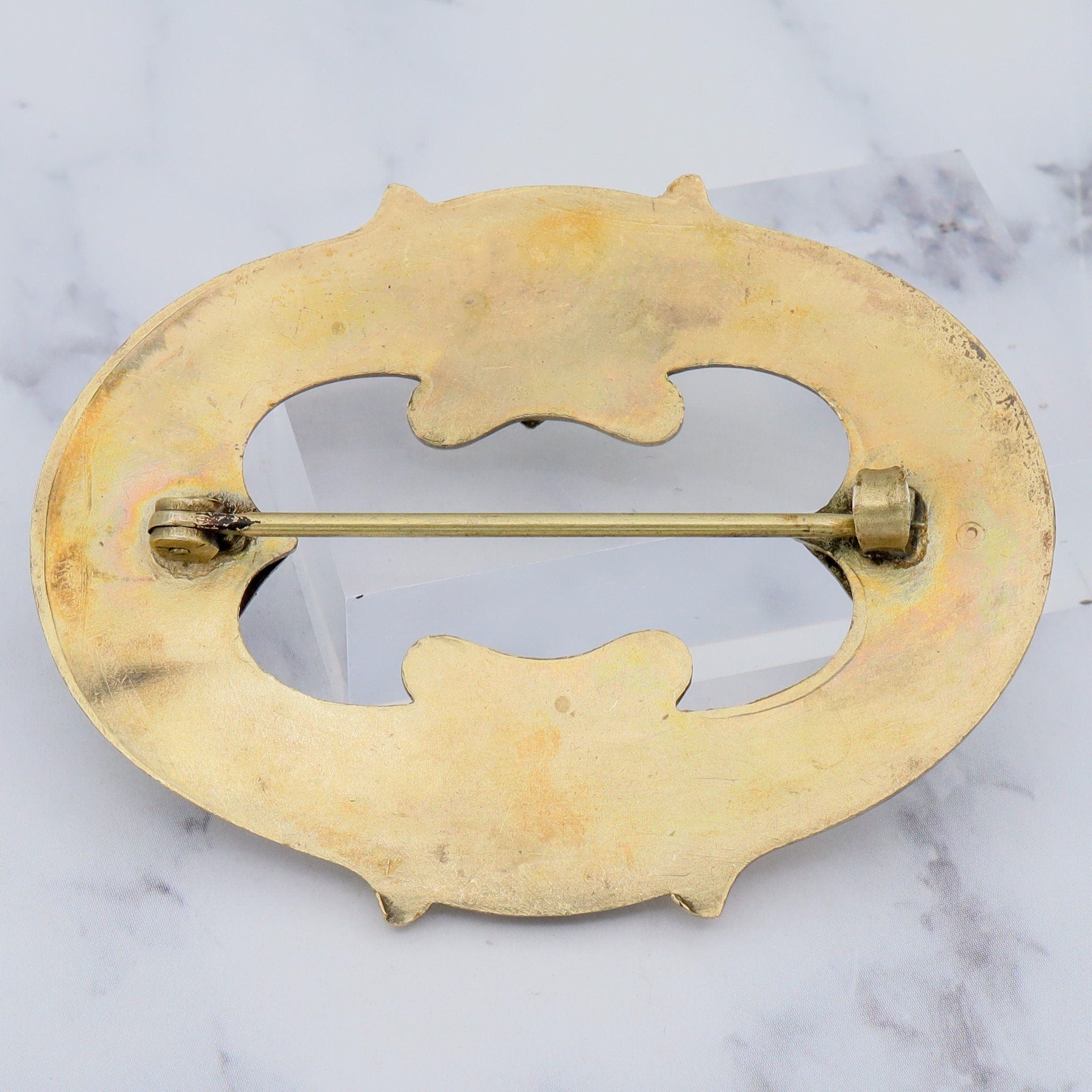Large Antique Art Nouveau brass & green gem buckle brooch
