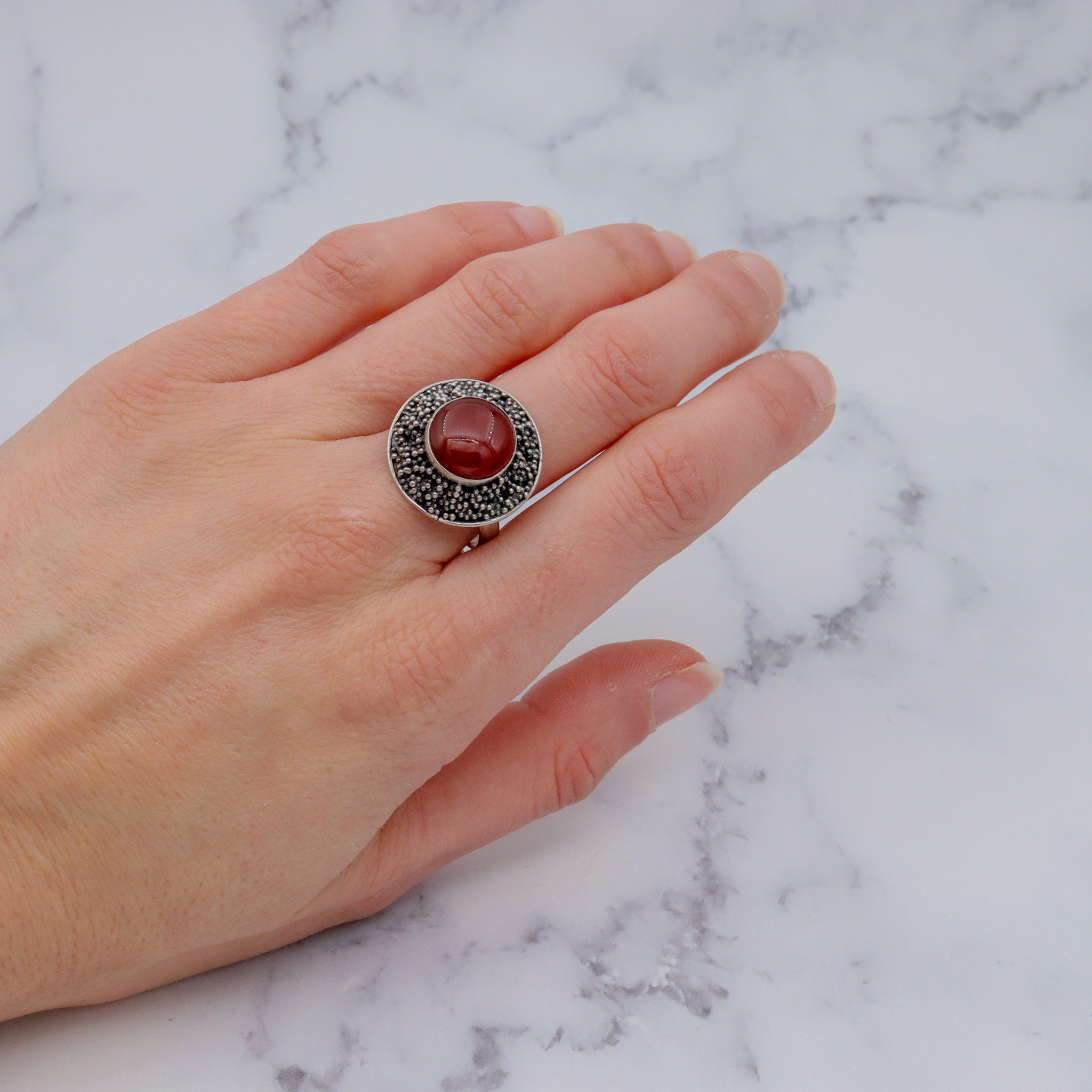 Vintage sterling, carnelian & applied bead ring, sz 9.25