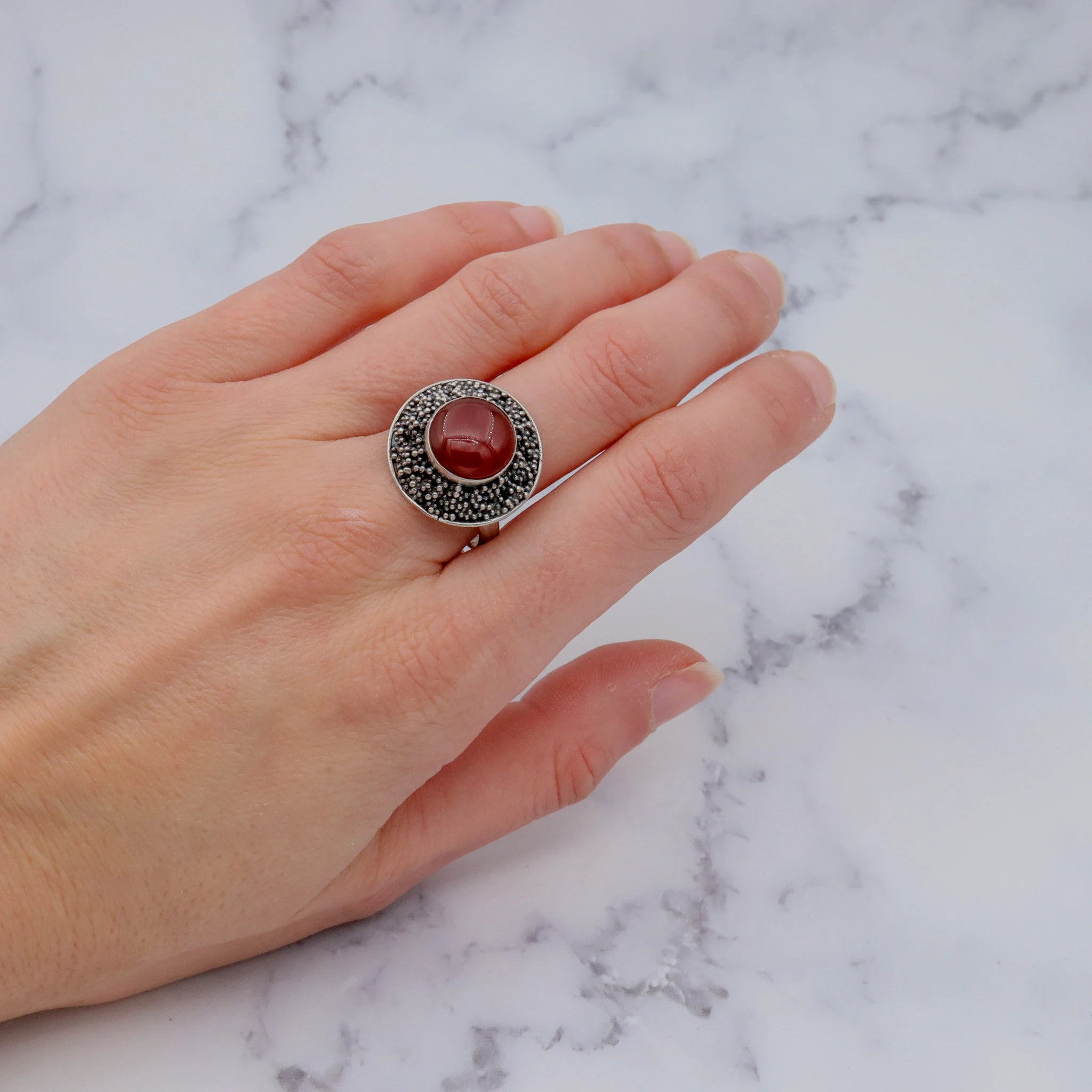 Vintage sterling, carnelian & applied bead ring, sz 9.25