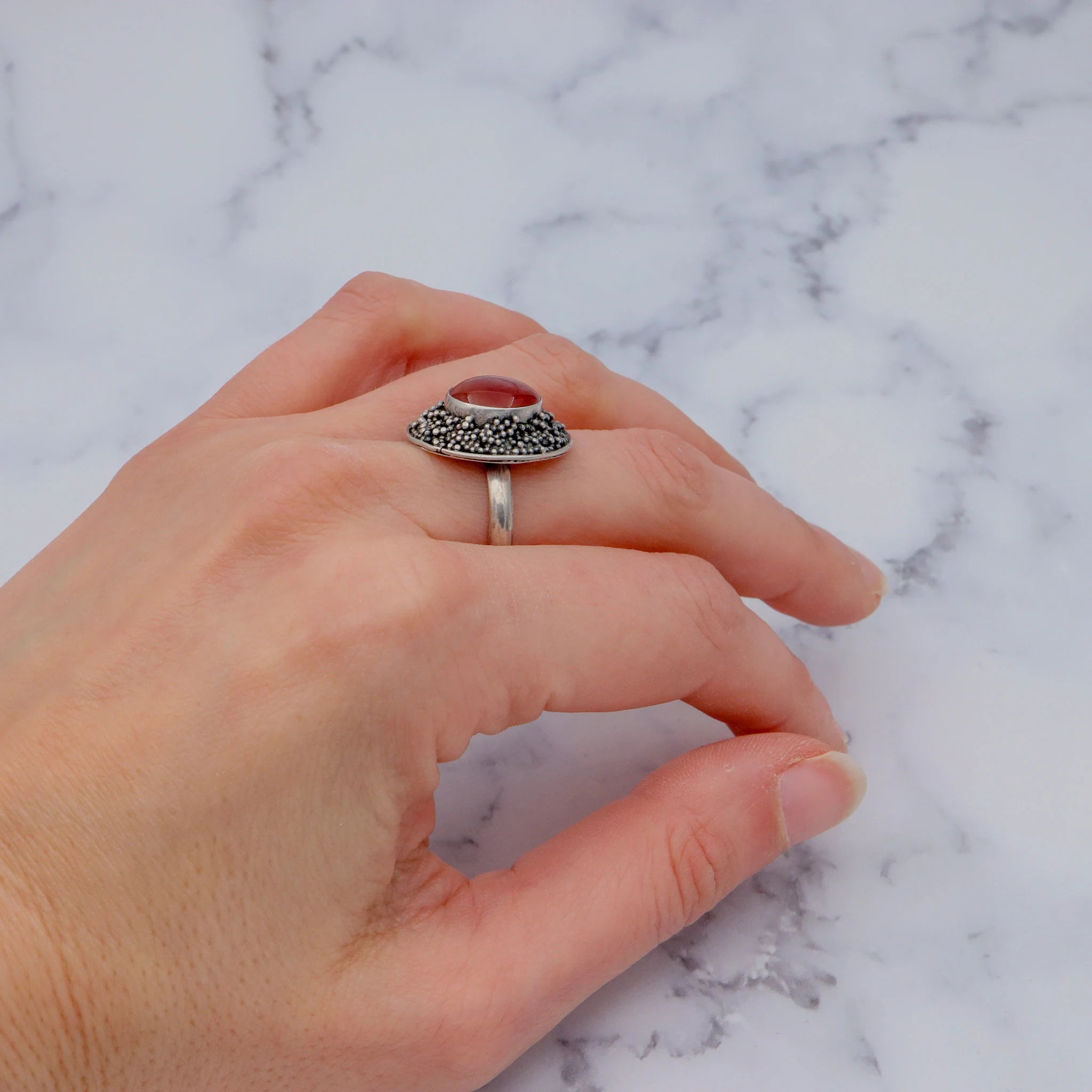 Vintage sterling, carnelian & applied bead ring, sz 9.25