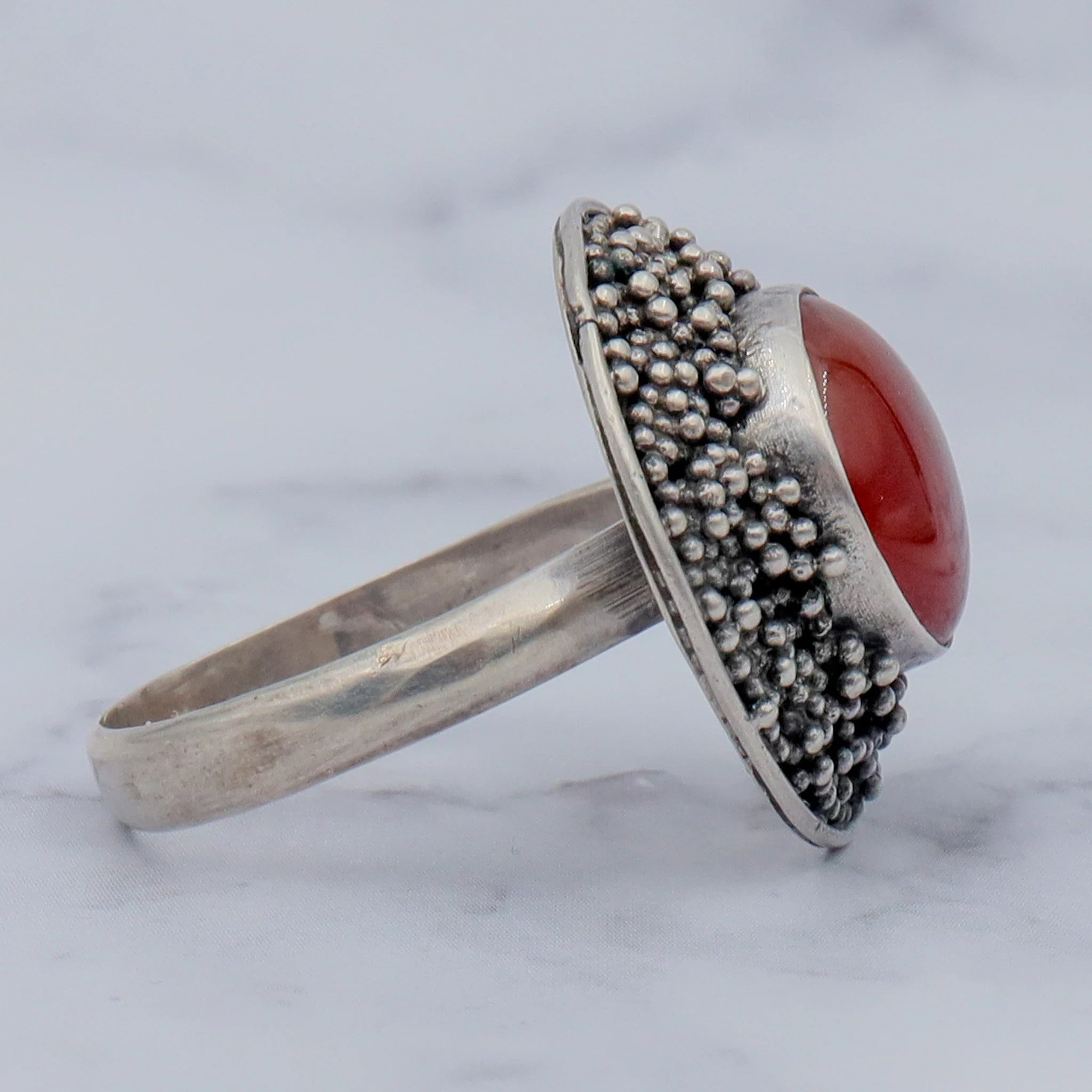 Vintage sterling, carnelian & applied bead ring, sz 9.25