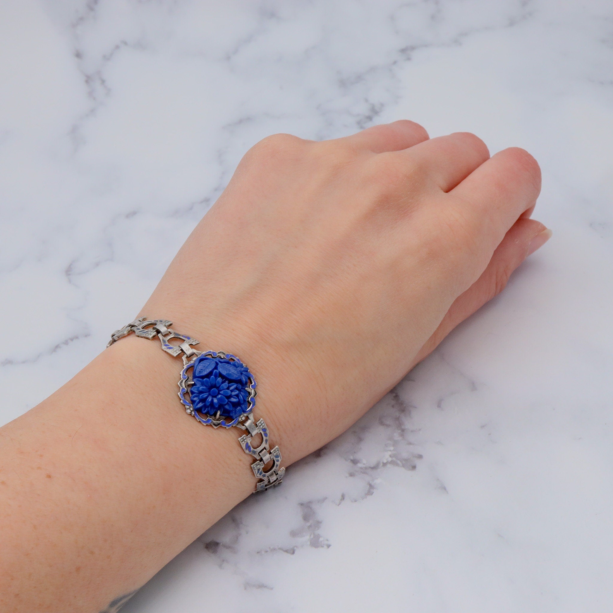 Antique Deco sterling molded blue lapis glass & enamel link bracelet
