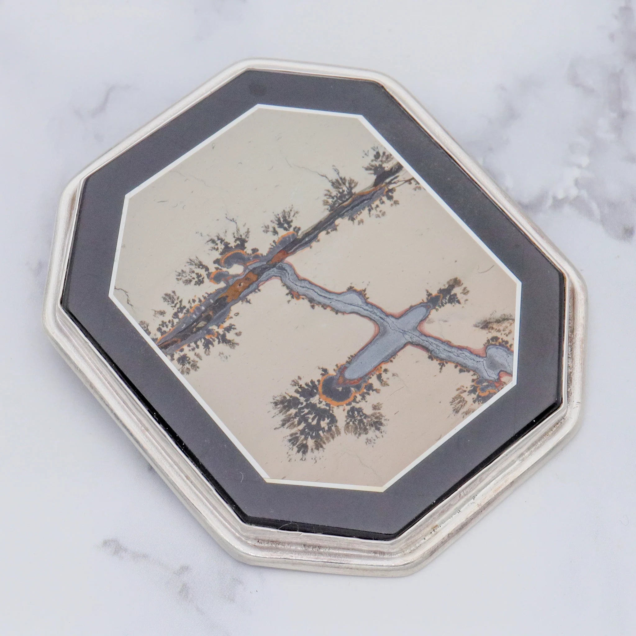 Vintage Amy Kahn Russel sterling, onyx framed dendritic calcite intarsia pendant/brooch