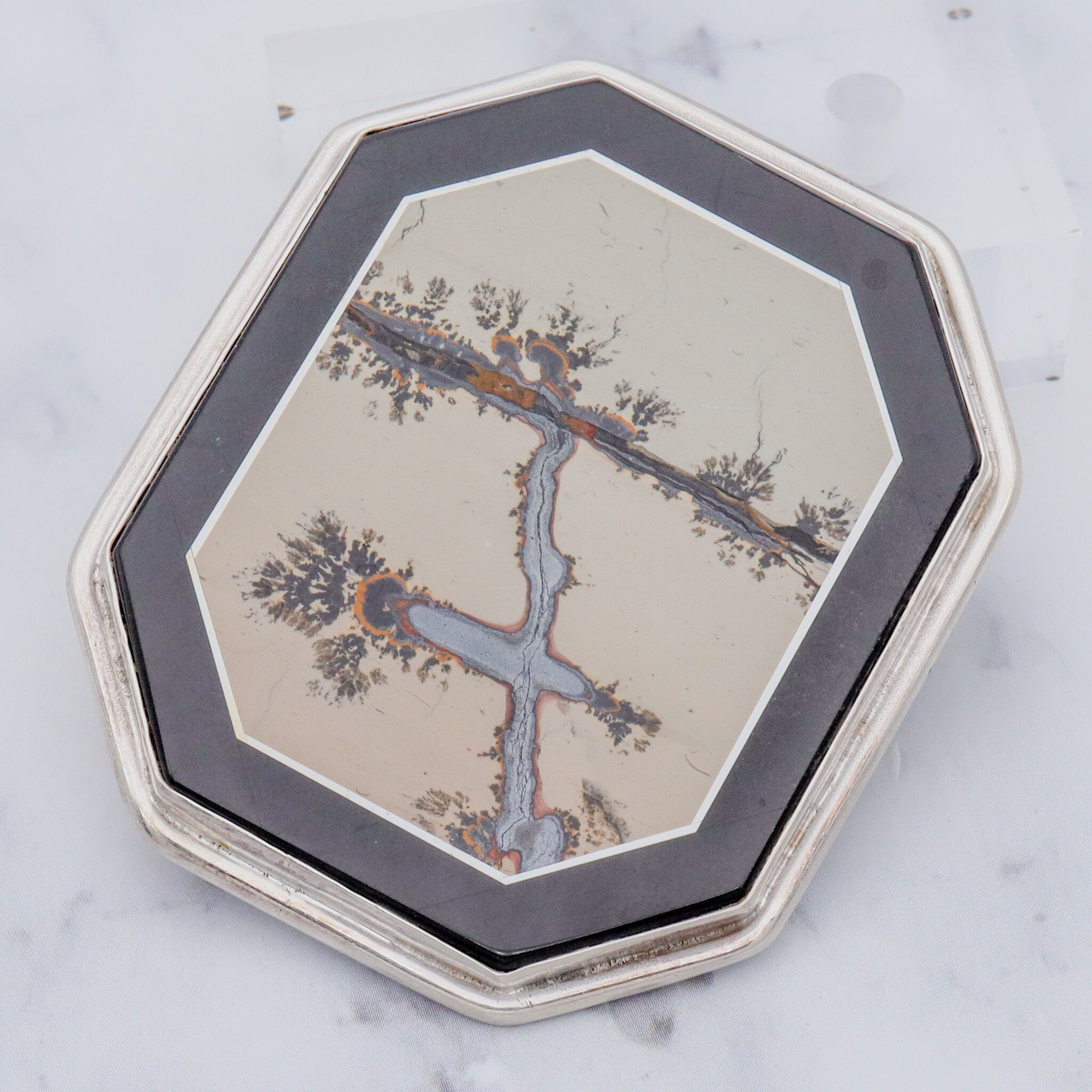 Vintage Amy Kahn Russel sterling, onyx framed dendritic calcite intarsia pendant/brooch