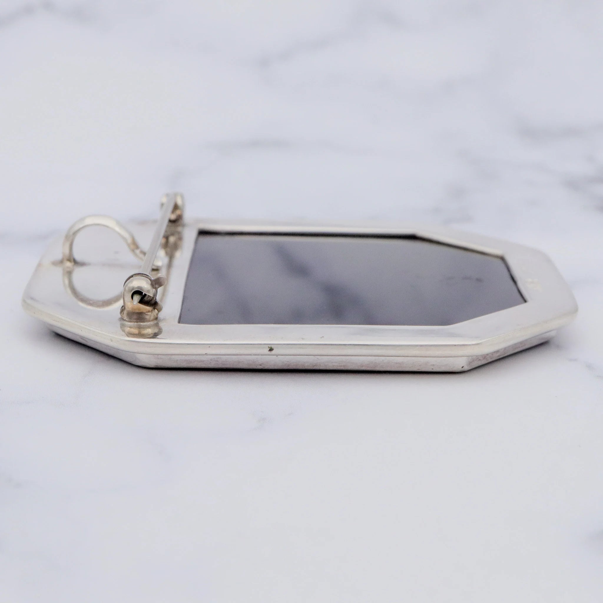 Vintage Amy Kahn Russel sterling, onyx framed dendritic calcite intarsia pendant/brooch