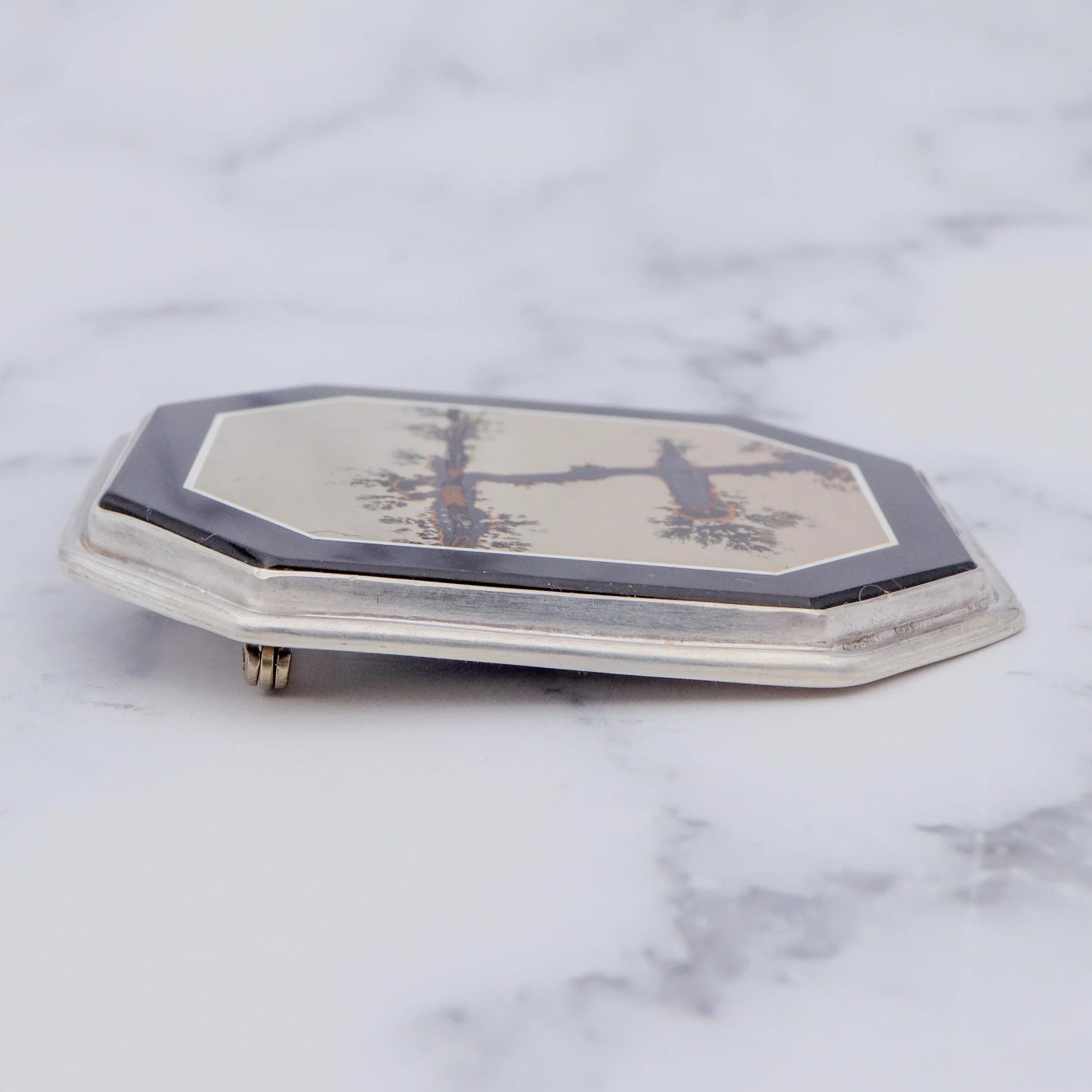 Vintage Amy Kahn Russel sterling, onyx framed dendritic calcite intarsia pendant/brooch