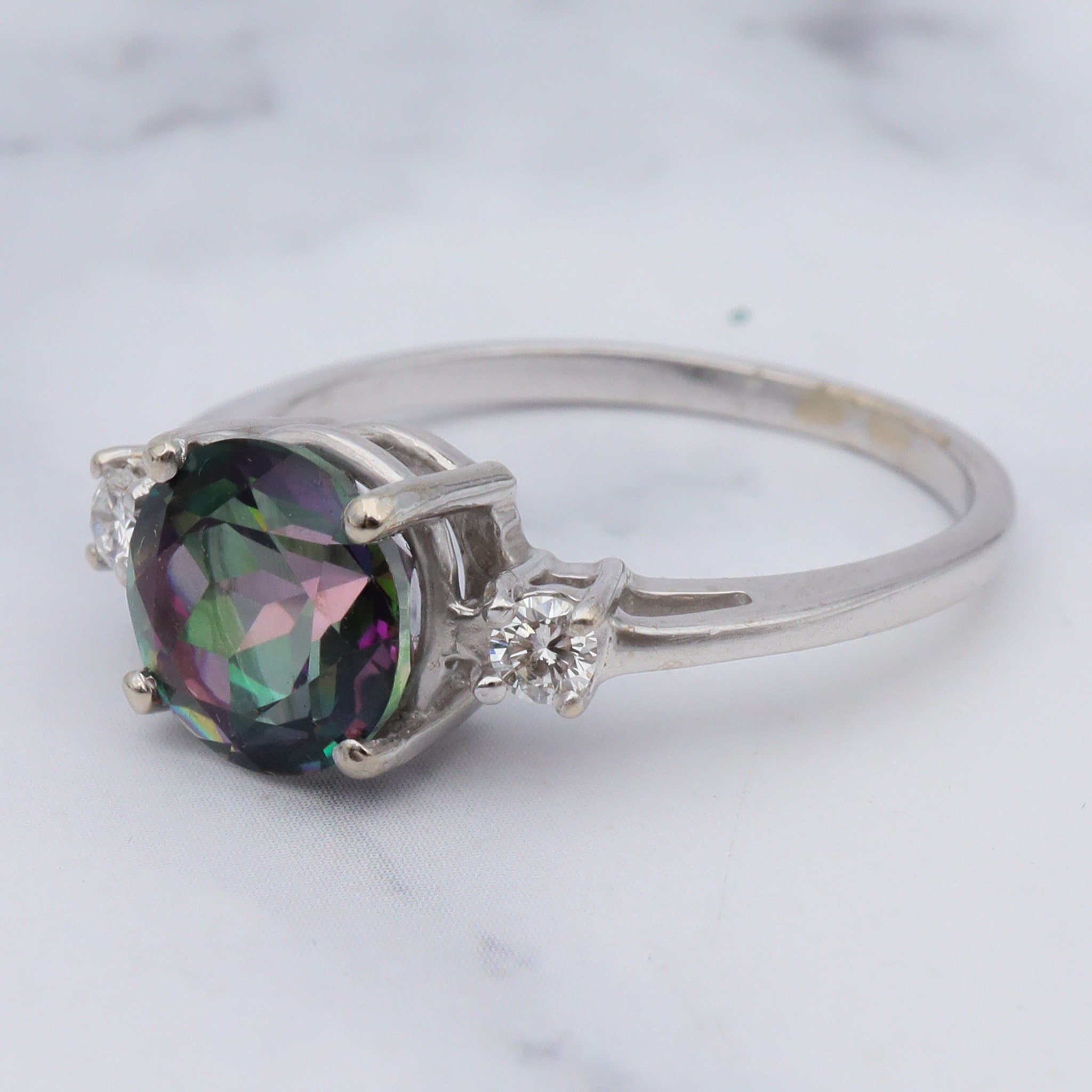 Vintage 14k white gold, mystic topaz & diamond ring, sz 7.75