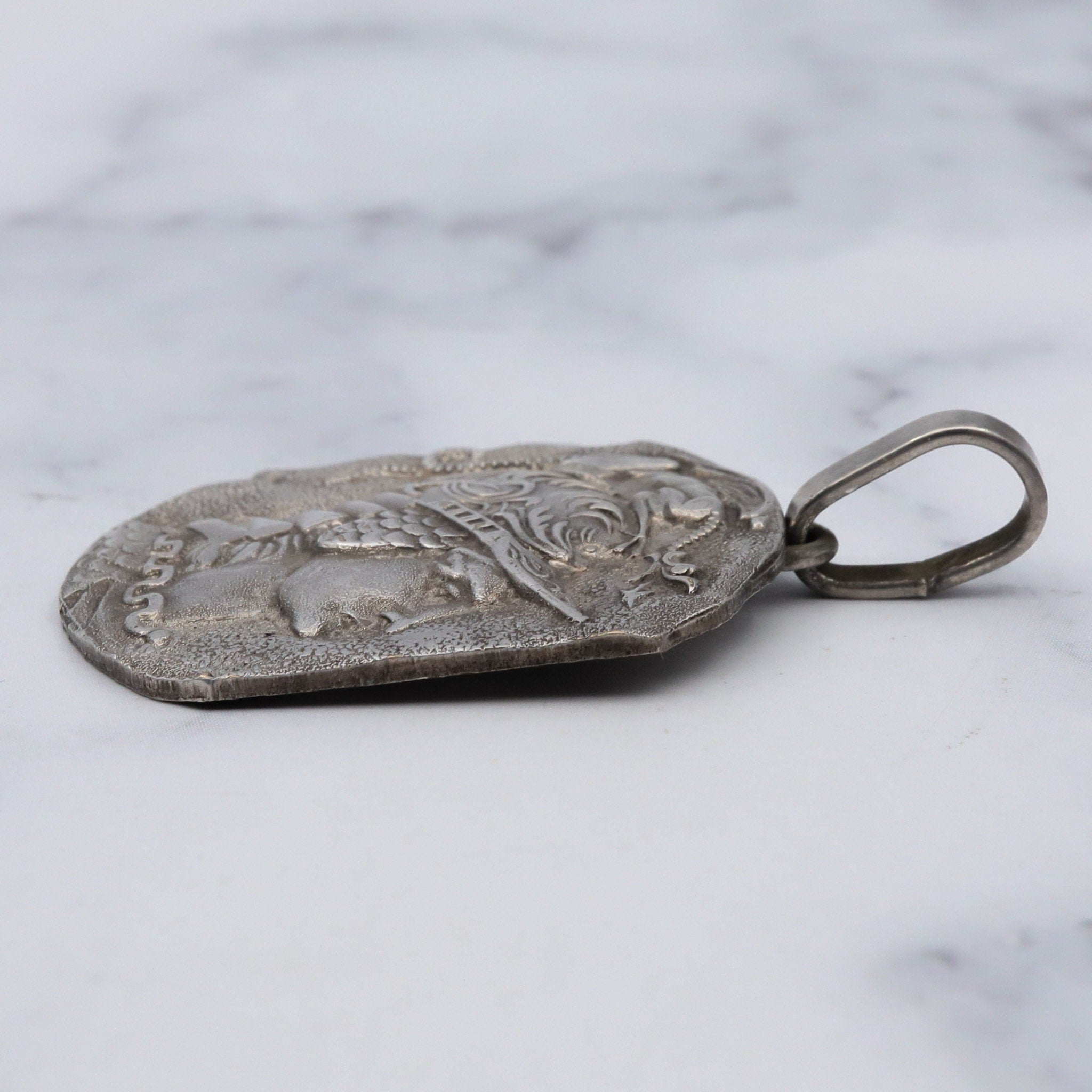Antique Hellenistic silver plated plaque of Athena pendant