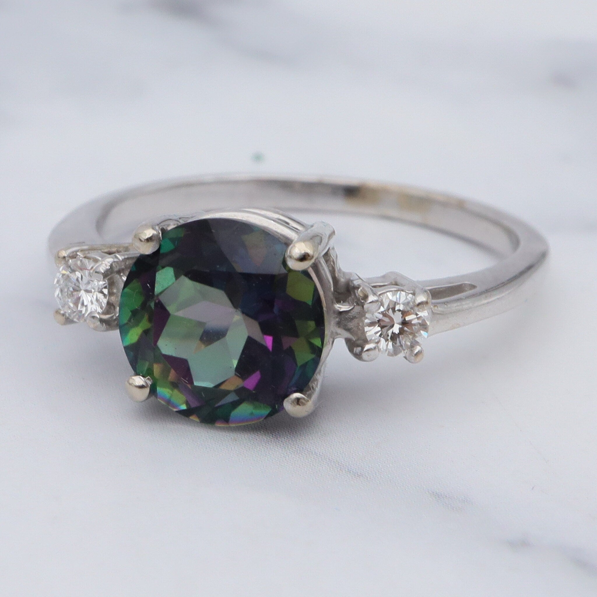 Vintage 14k white gold, mystic topaz & diamond ring, sz 7.75