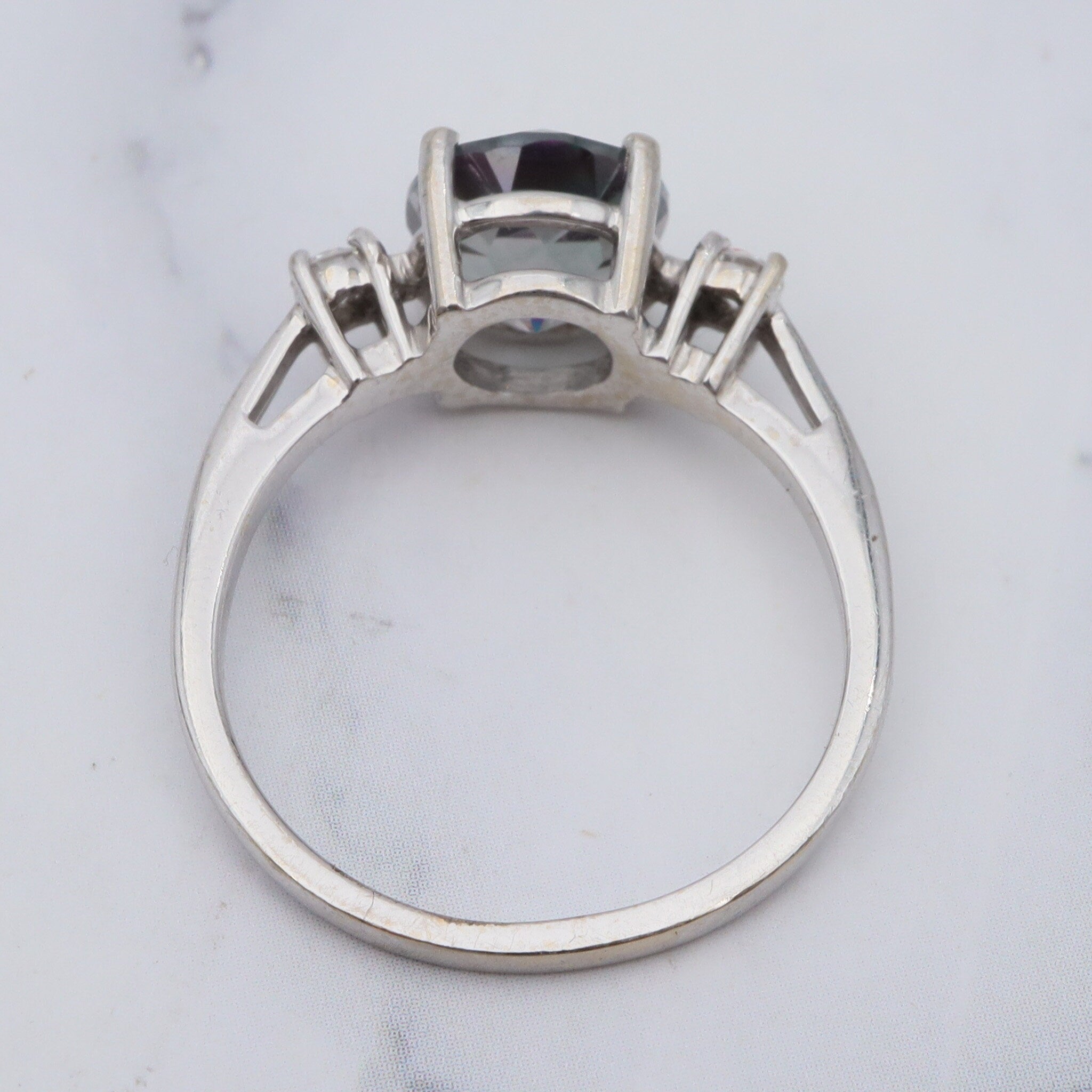 Vintage 14k white gold, mystic topaz & diamond ring, sz 7.75