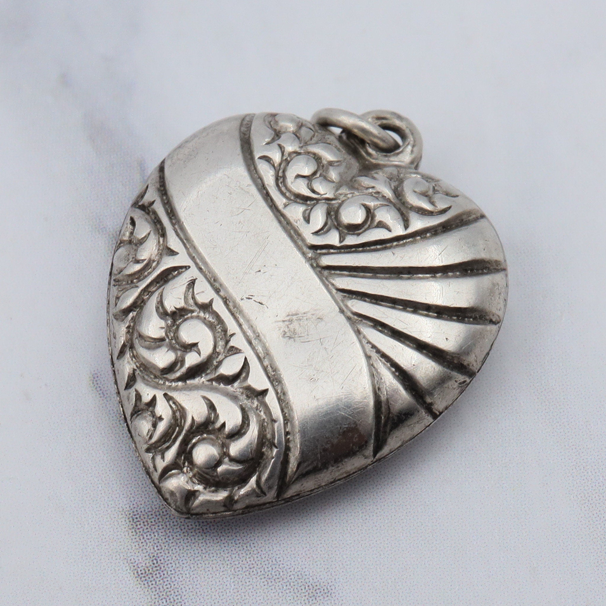 Antique Victorian sterling engraved puffy heart charm