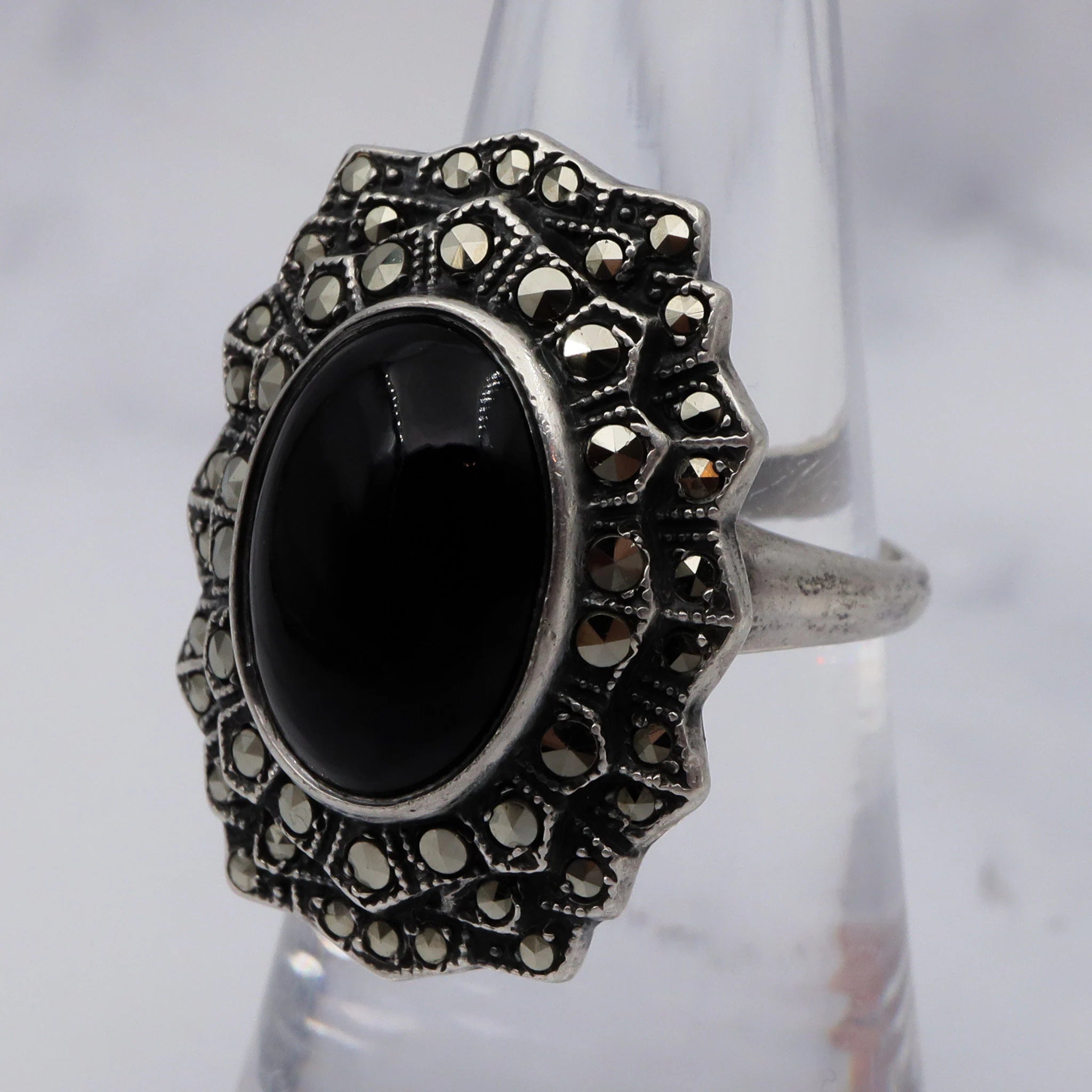 Antique Art Deco Uncas sterling, black glass stone & marcasite ring, sz 5.5
