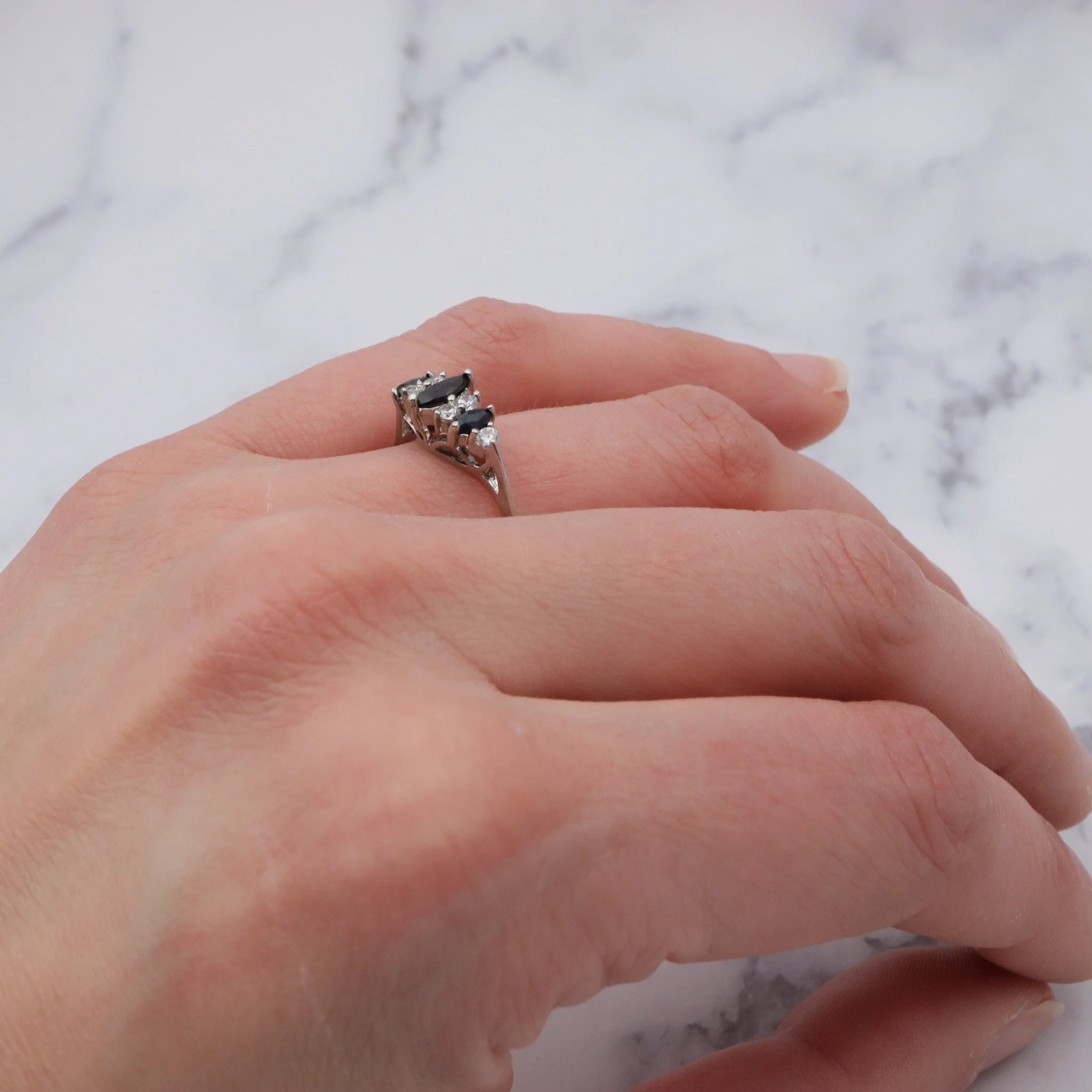 Vintage sterling, cubic zirconia & raw sapphire ring, sz 8.25