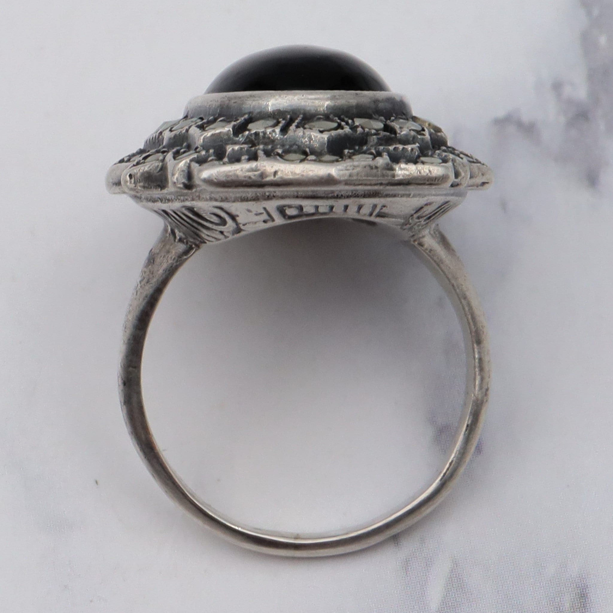 Antique Art Deco Uncas sterling, black glass stone & marcasite ring, sz 5.5