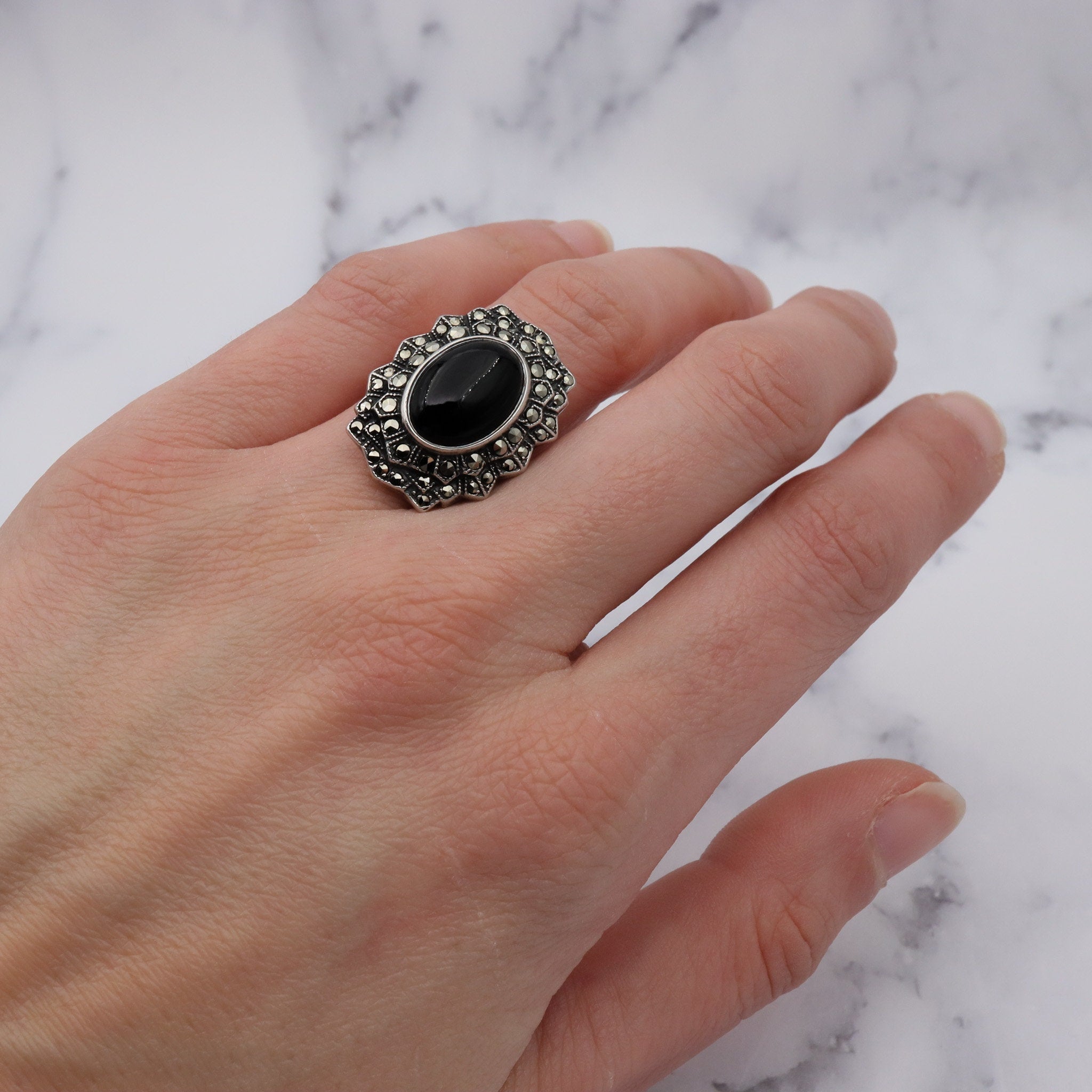 Antique Art Deco Uncas sterling, black glass stone & marcasite ring, sz 5.5