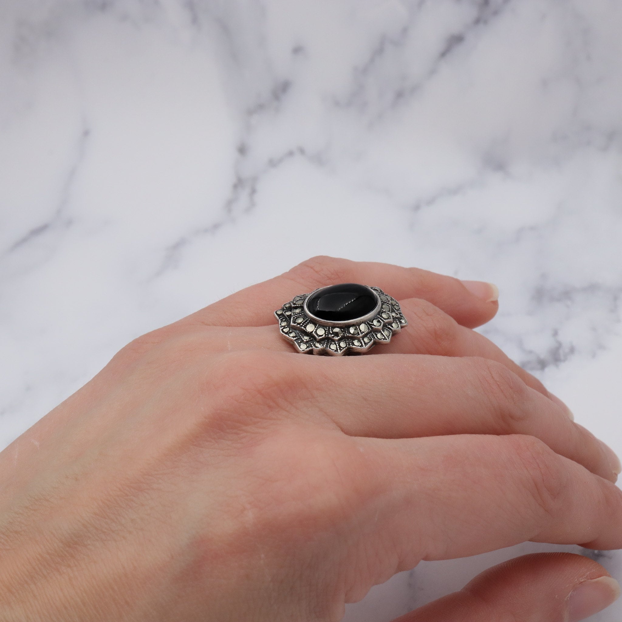 Antique Art Deco Uncas sterling, black glass stone & marcasite ring, sz 5.5