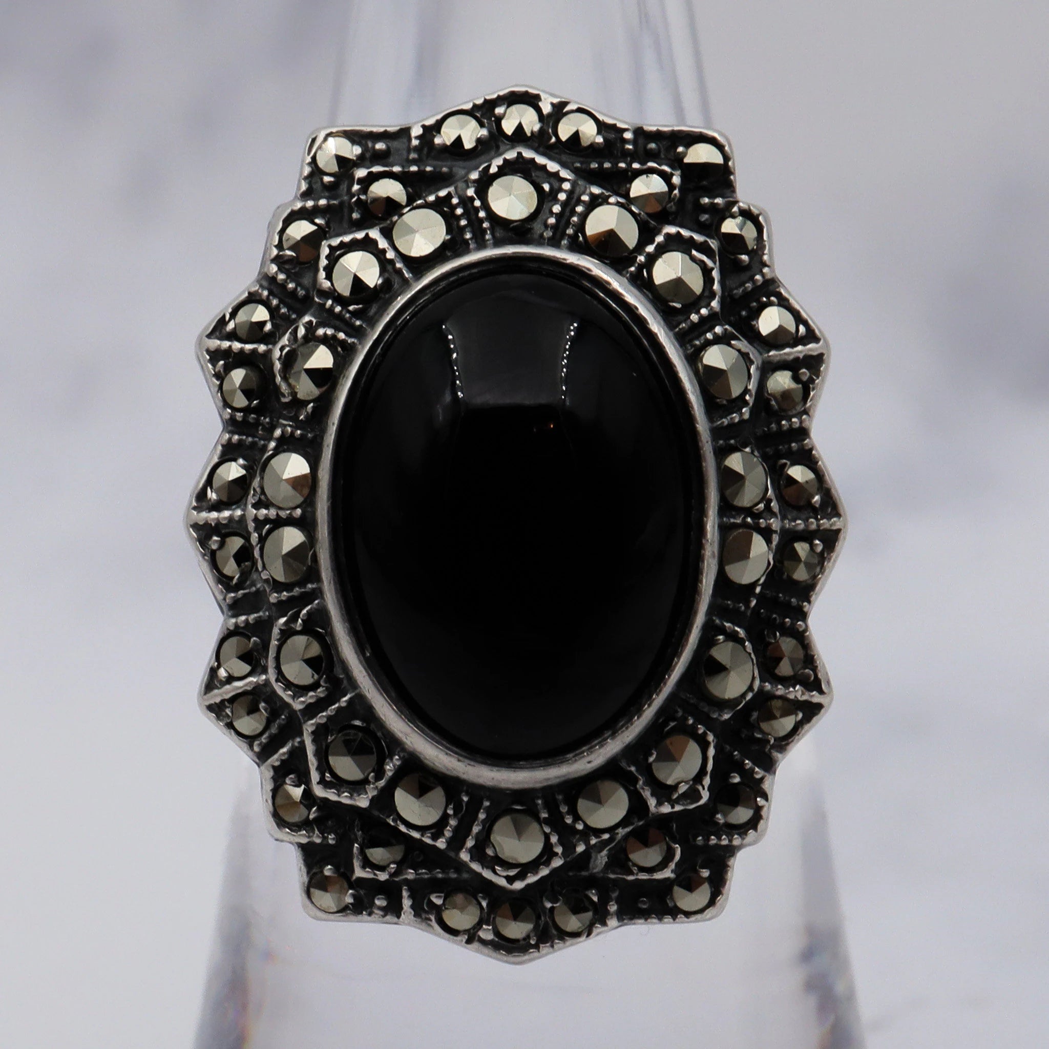 Antique Art Deco Uncas sterling, black glass stone & marcasite ring, sz 5.5