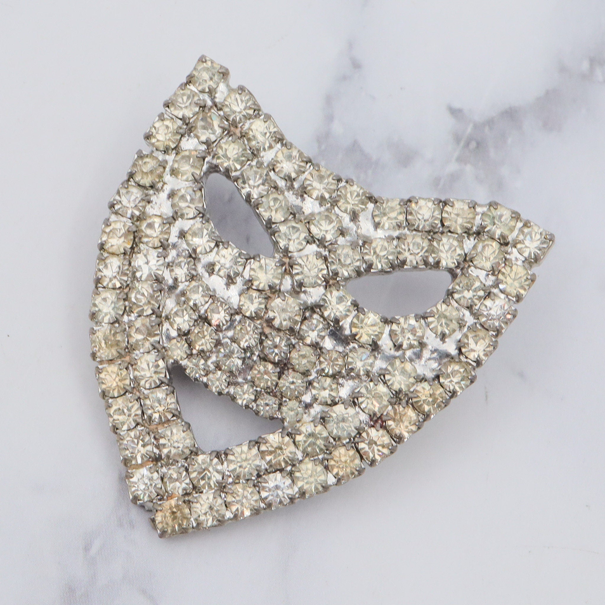 Antique masquerade mask silver tone brooch with rhinestones
