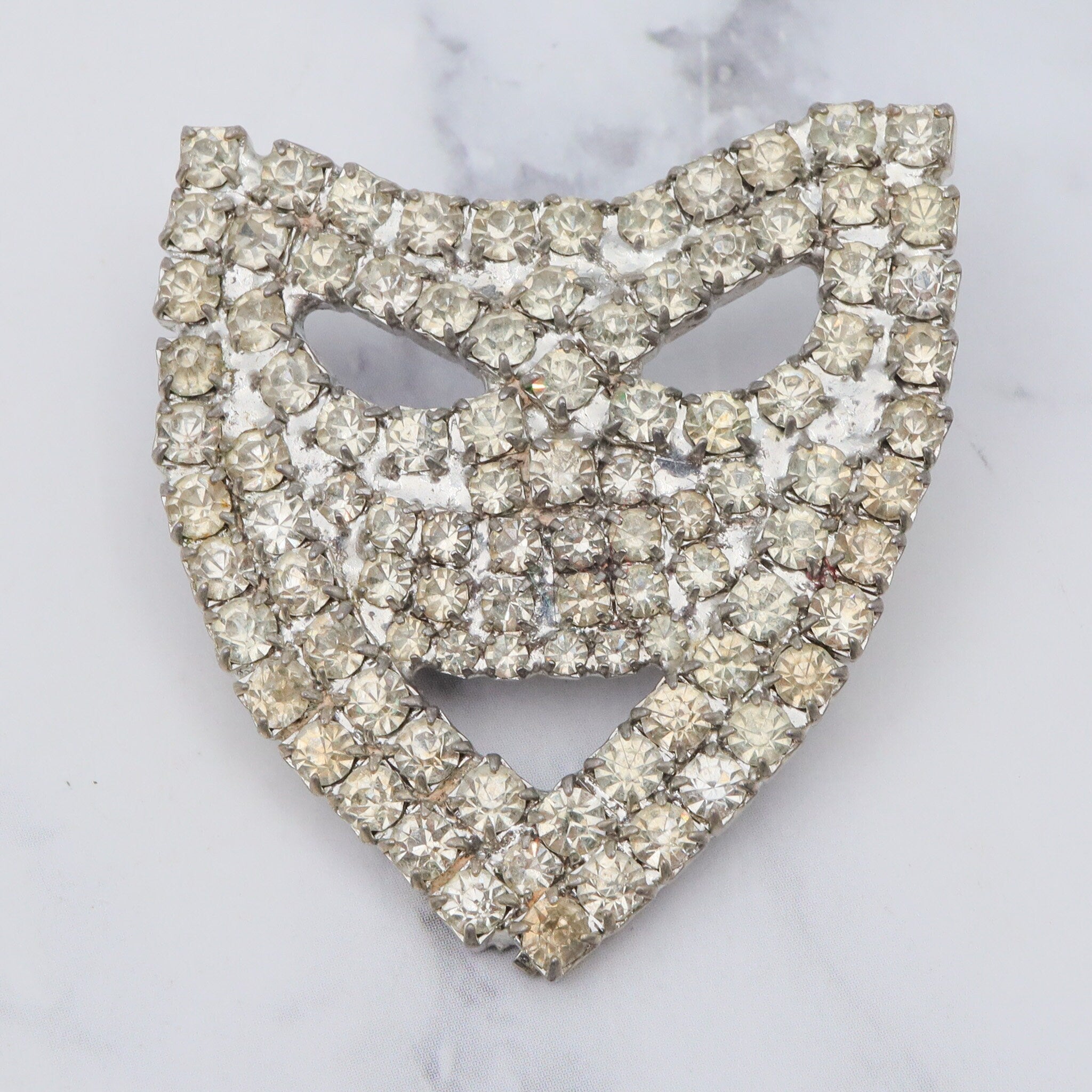 Antique masquerade mask silver tone brooch with rhinestones