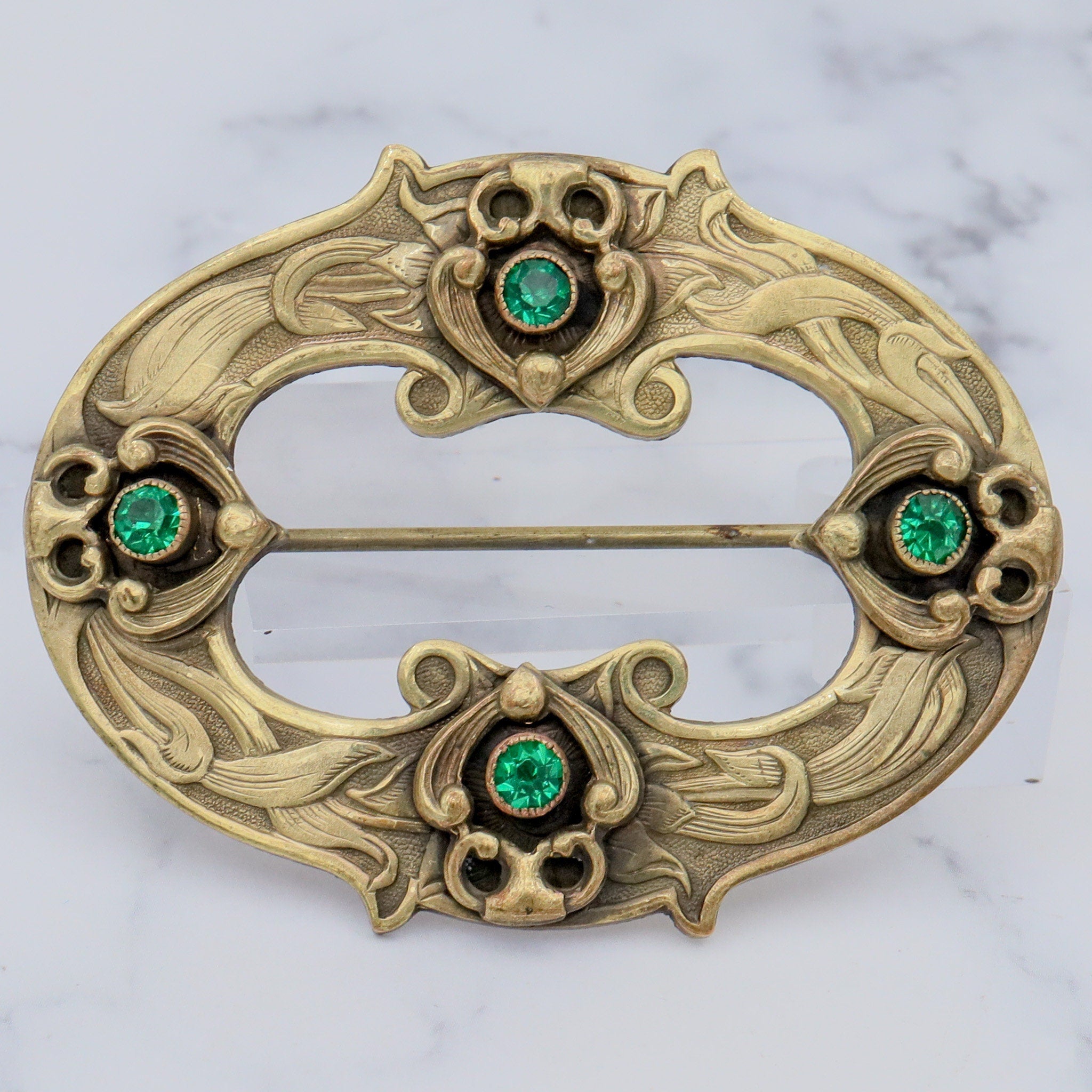 Large Antique Art Nouveau brass & green gem buckle brooch