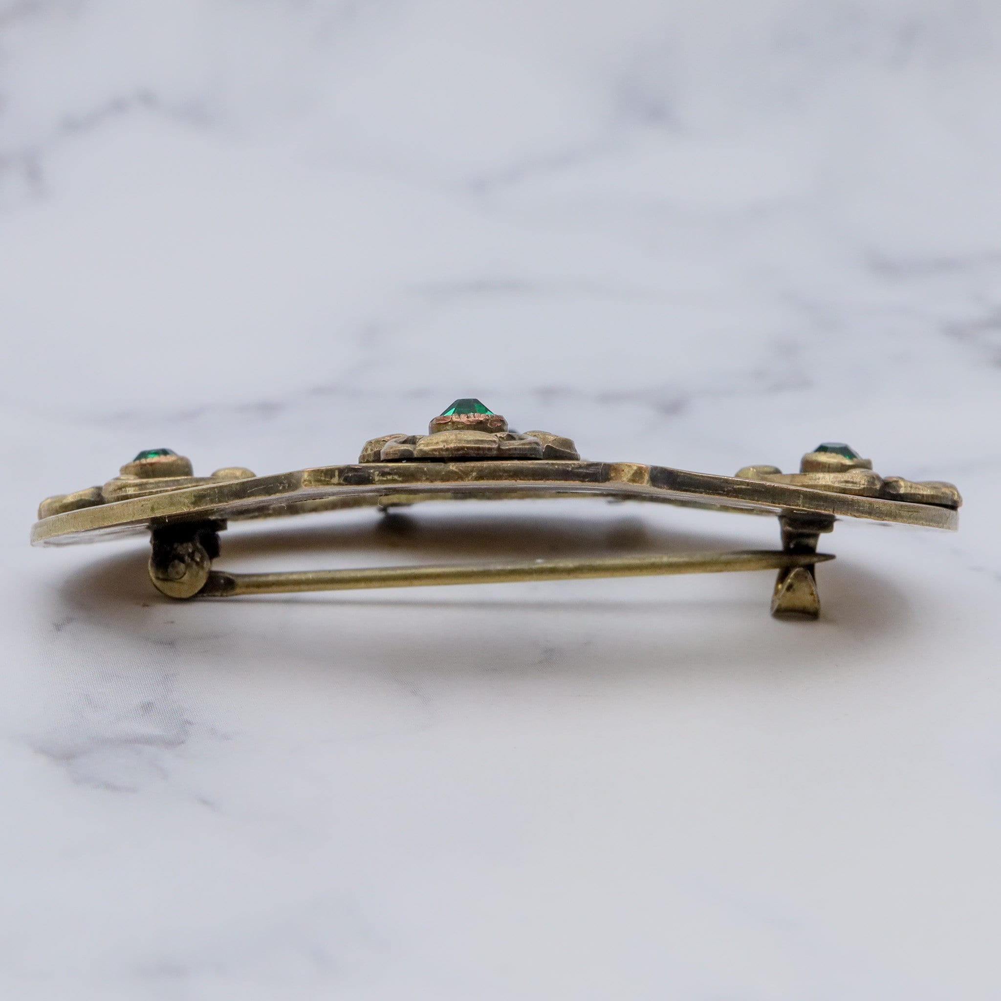 Large Antique Art Nouveau brass & green gem buckle brooch