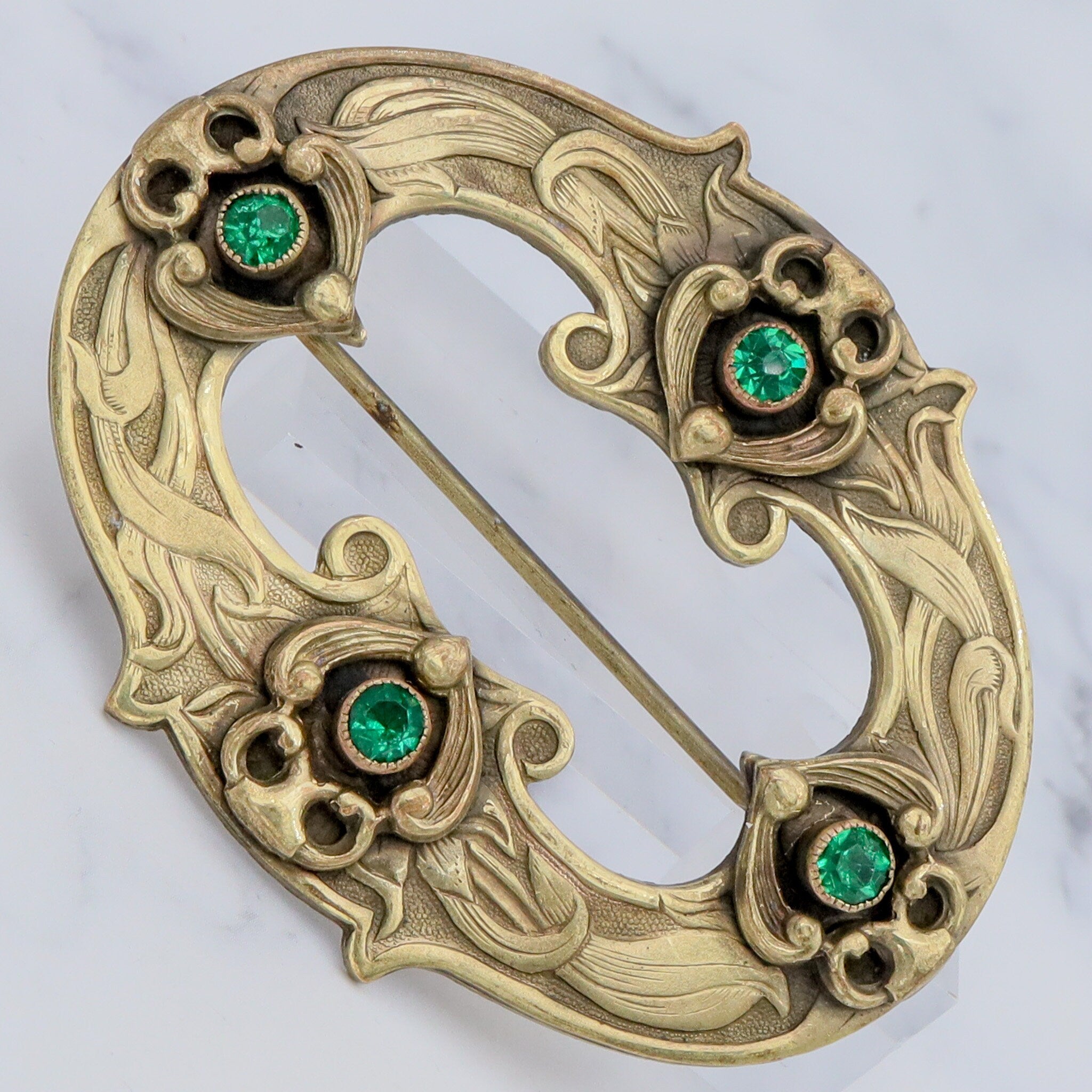 Large Antique Art Nouveau brass & green gem buckle brooch