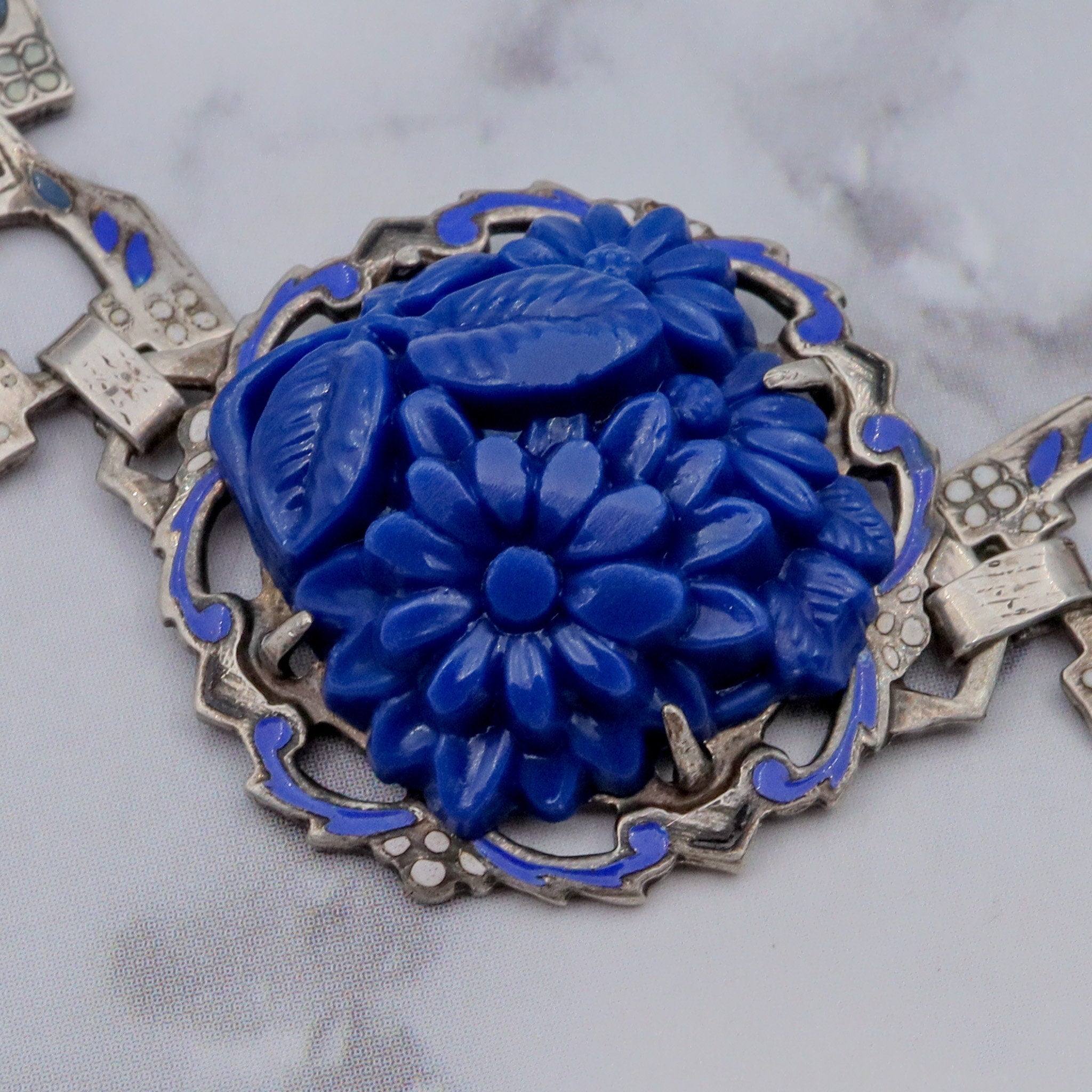 Antique Deco sterling molded blue lapis glass & enamel link bracelet