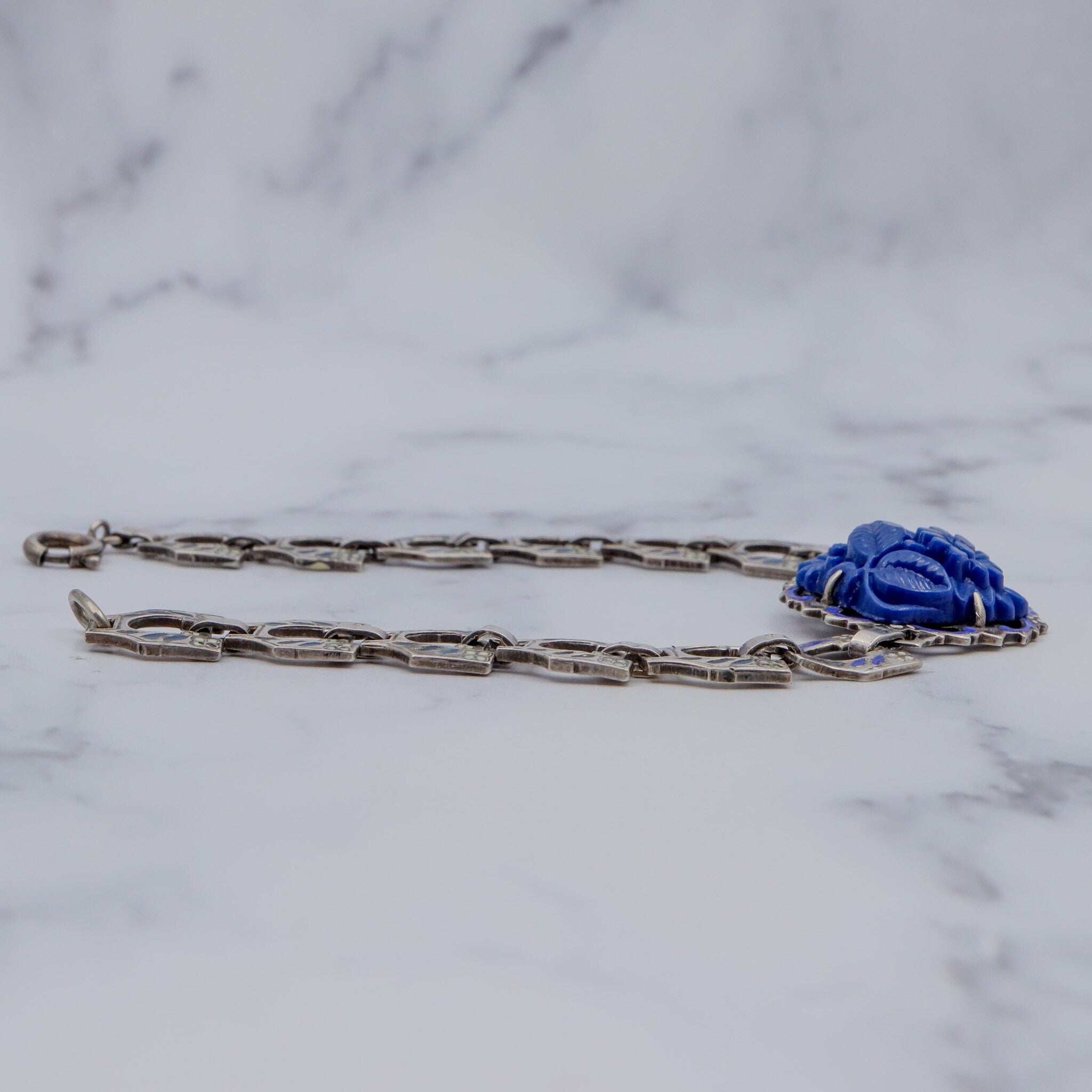Antique Deco sterling molded blue lapis glass & enamel link bracelet