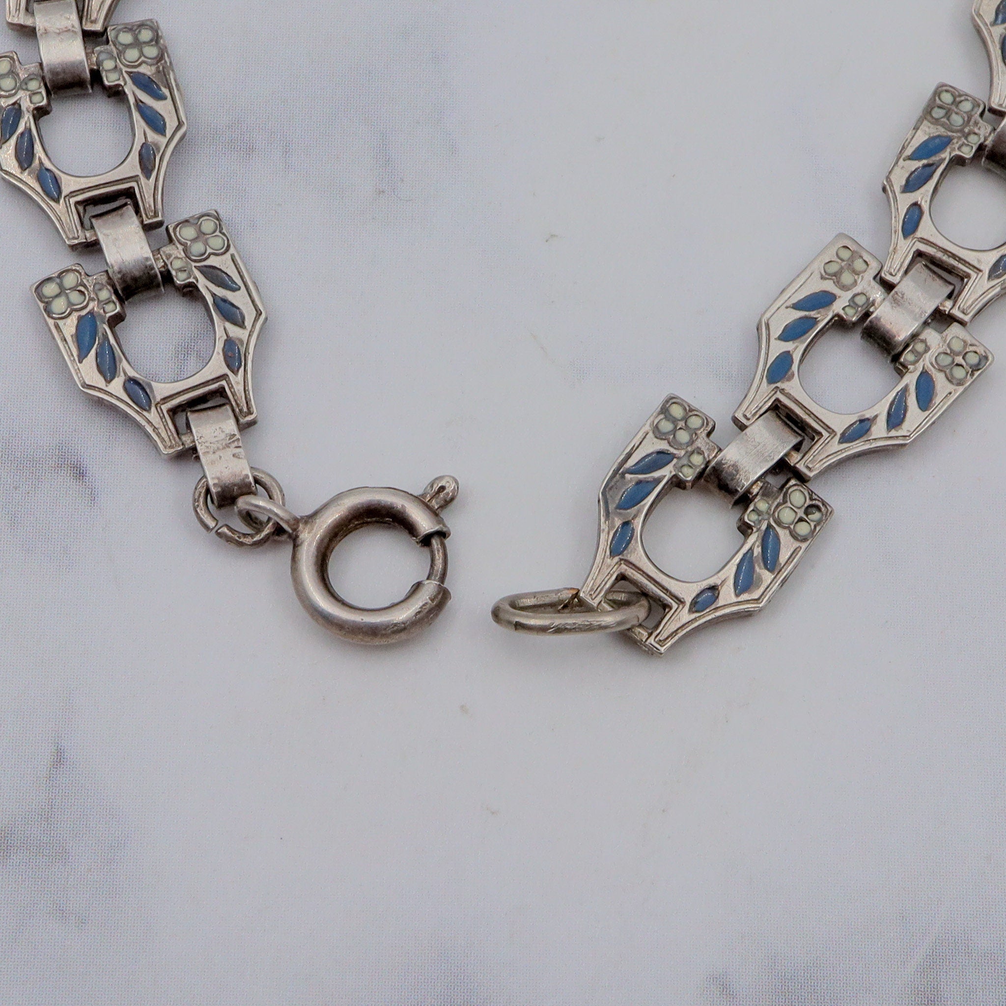 Antique Deco sterling molded blue lapis glass & enamel link bracelet