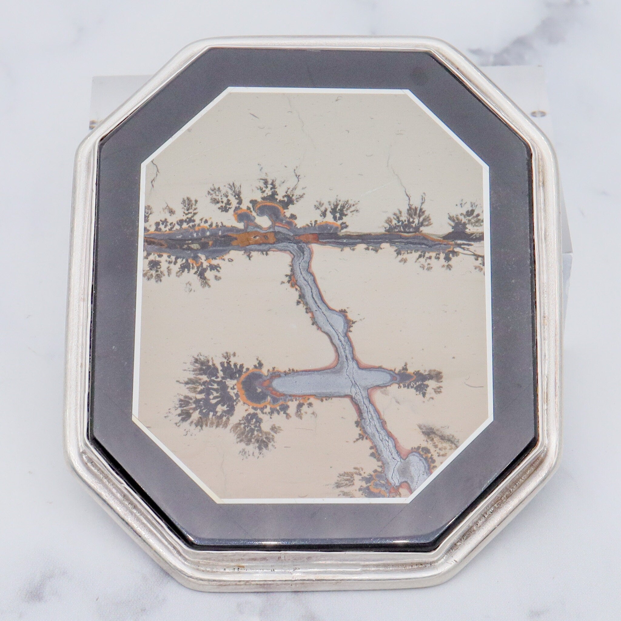 Vintage Amy Kahn Russel sterling, onyx framed dendritic calcite intarsia pendant/brooch