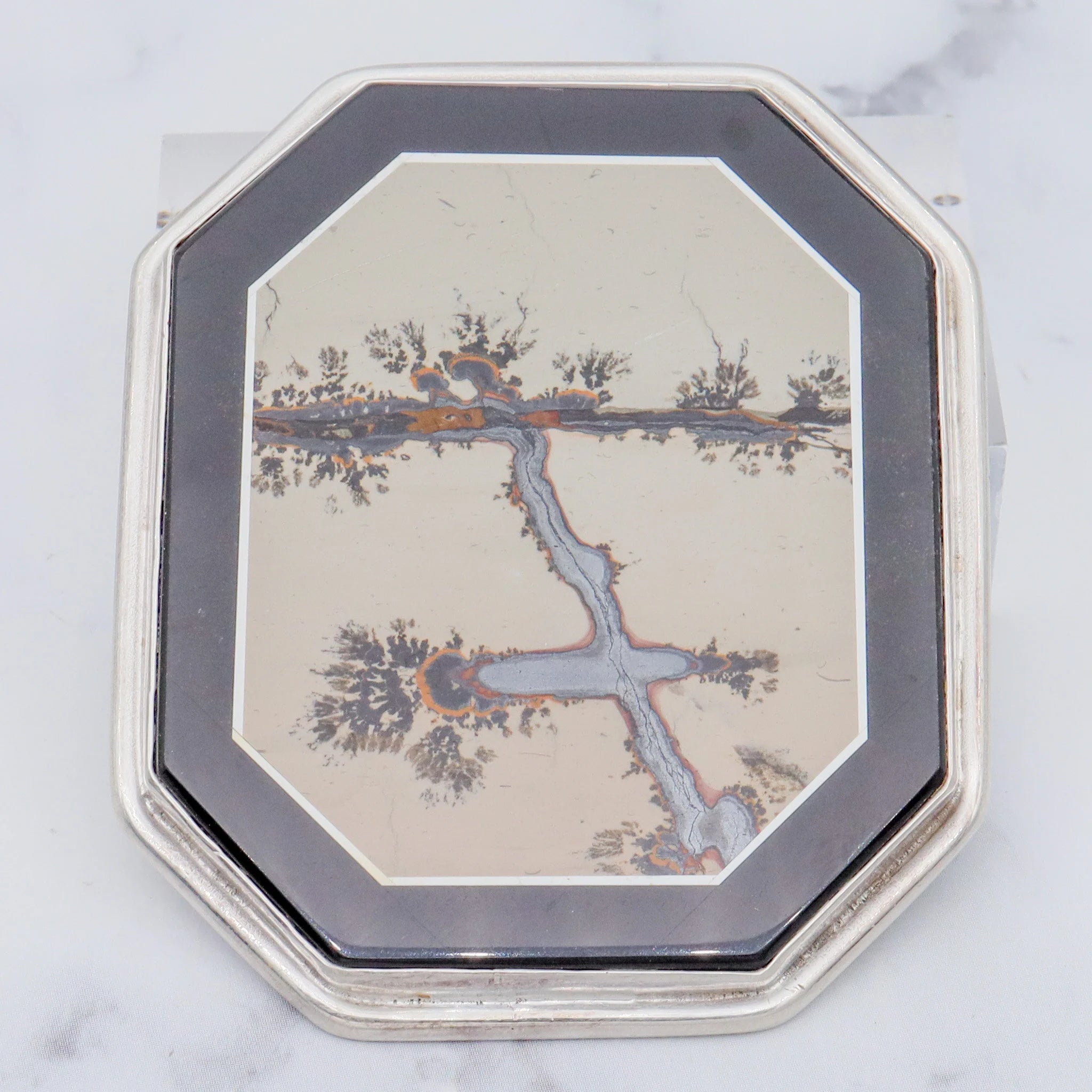 Vintage Amy Kahn Russel sterling, onyx framed dendritic calcite intarsia pendant/brooch