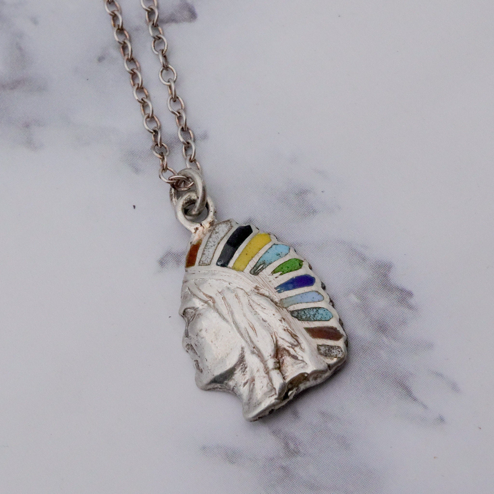 Vintage sterling silver & enamel Native American with headdress pendant on a curb link chain necklace, 19”