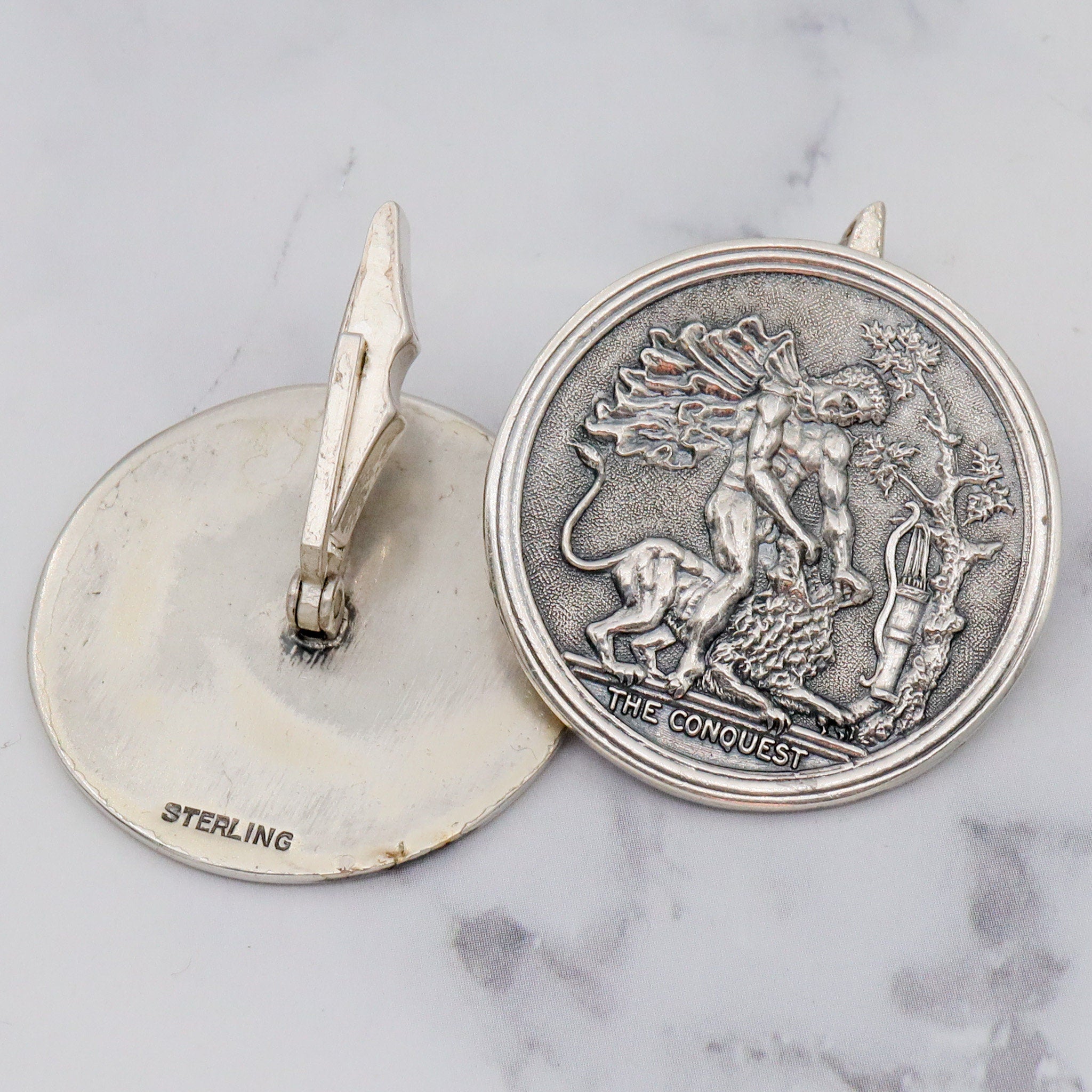 Vintage sterling “The Conquest” Assyrian lion hunting medallion cufflinks